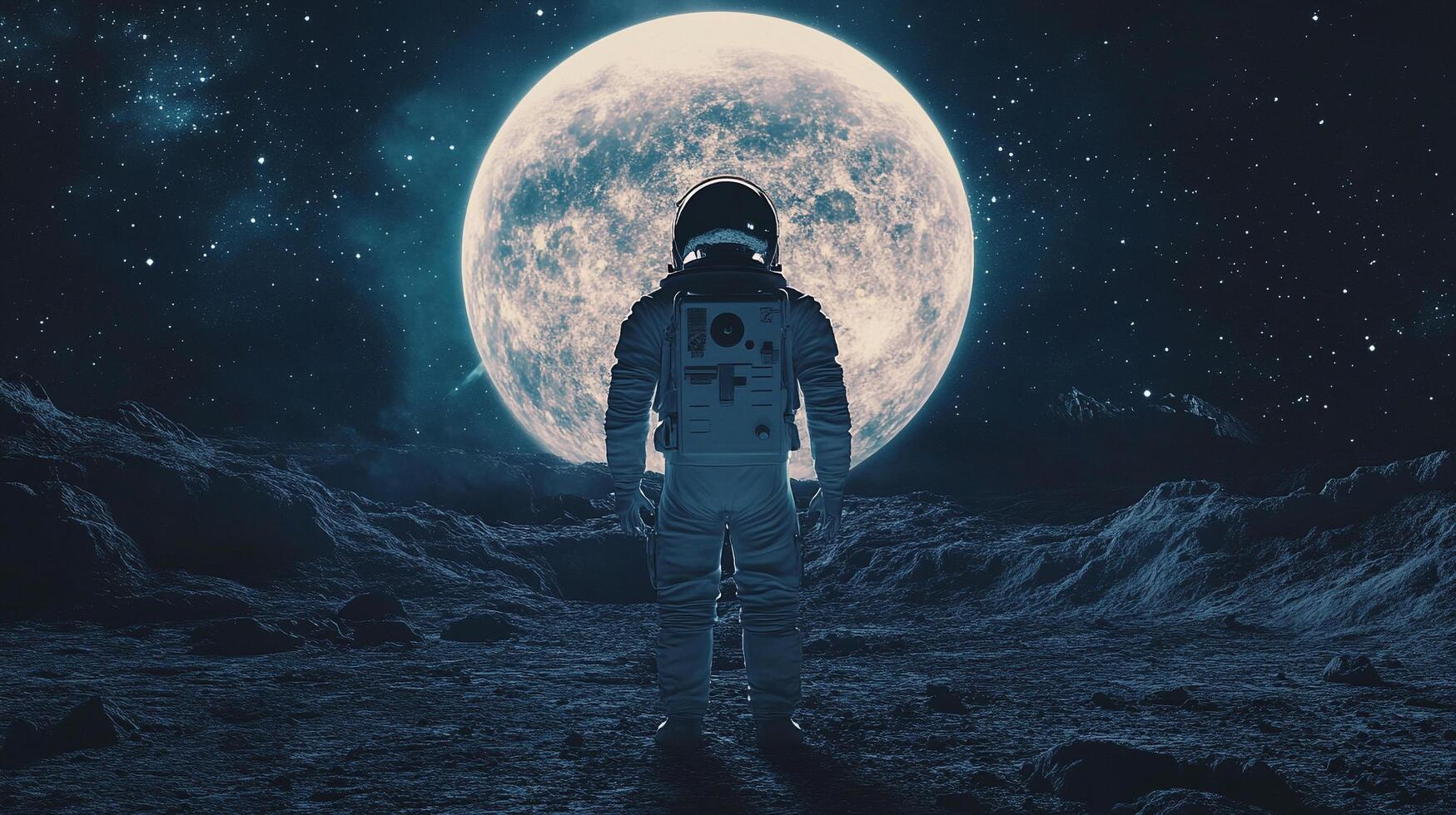 Astronaut stands on a lunar surface against a giant moon backdrop. The astronaut is illuminated and the surrounding area is dark and rugged. photo