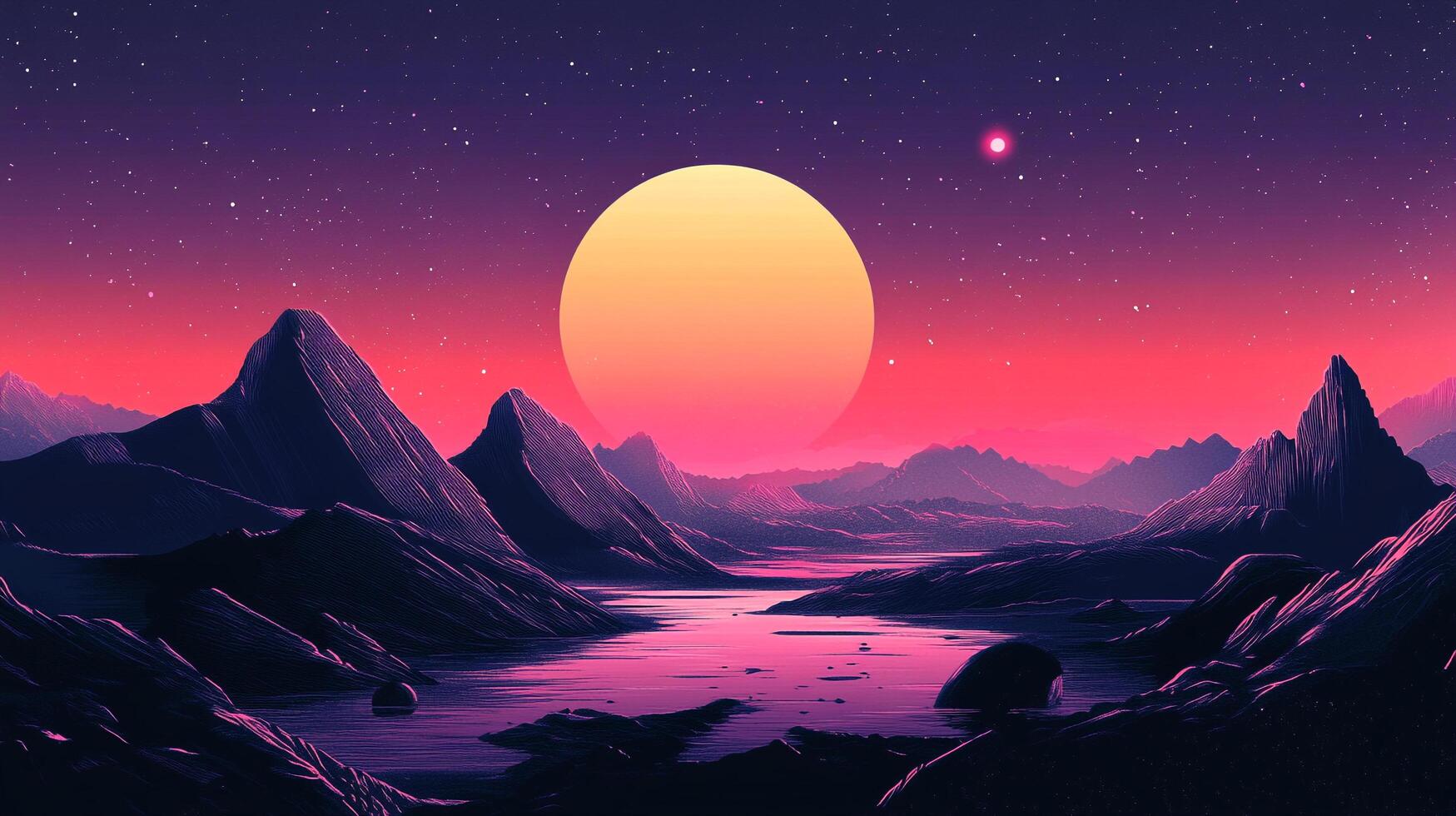 Retro futuristic landscape featuring mountains, a river, a large sun and a starry sky with shades of pink, purple, and orange. photo