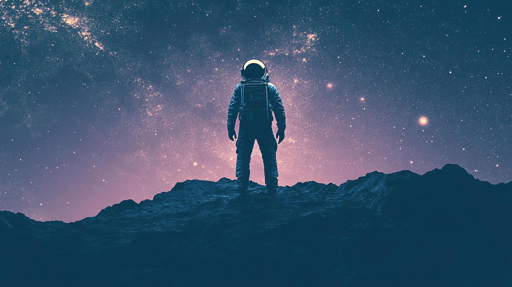 Astronaut on a distant planet, gazing at the cosmic wonders above. A moment of solitary exploration under the starry expanse. photo