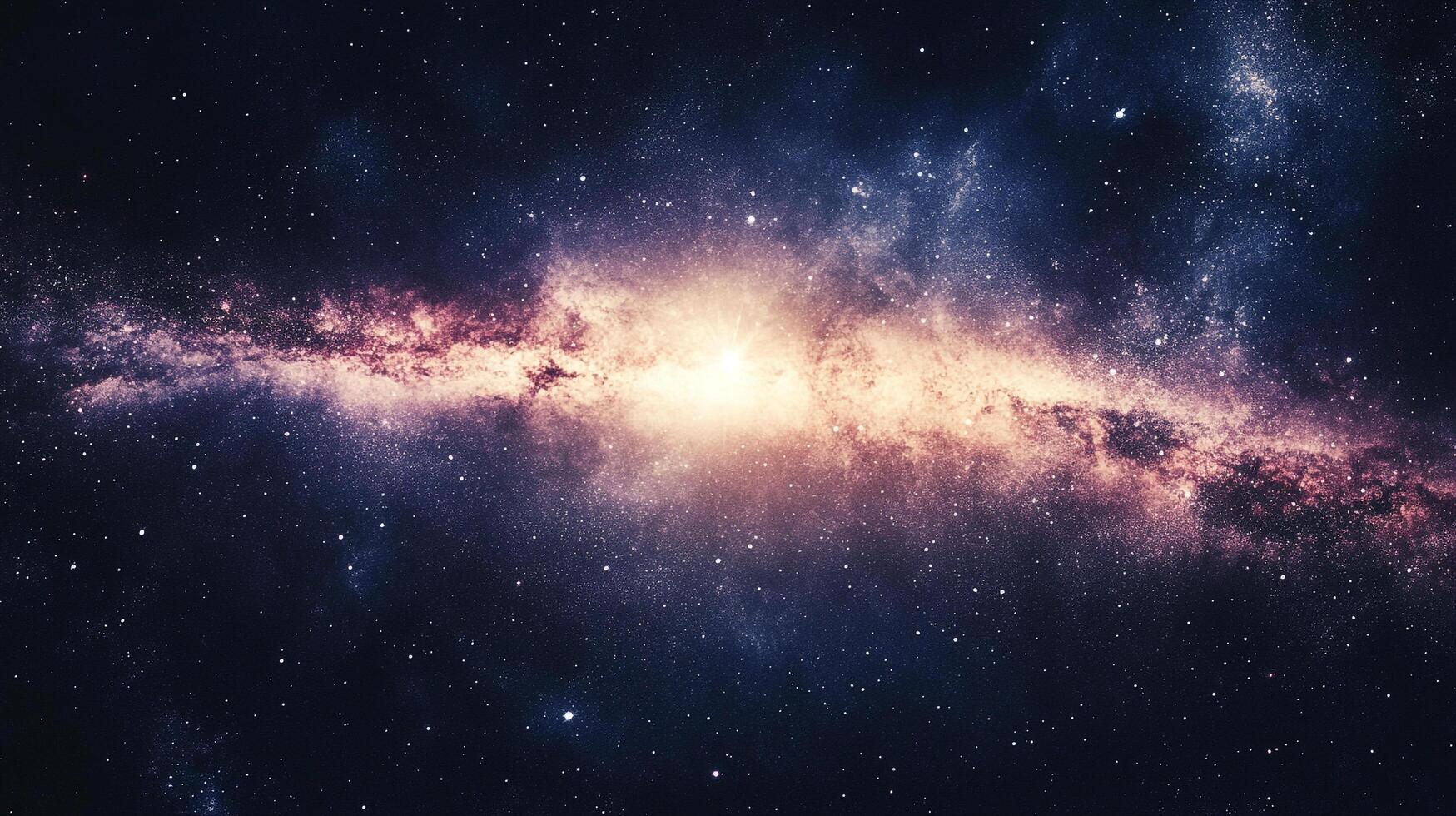 Vast, dark space filled with twinkling stars and a bright central galaxy, illuminated by swirling nebulae and cosmic dust. photo