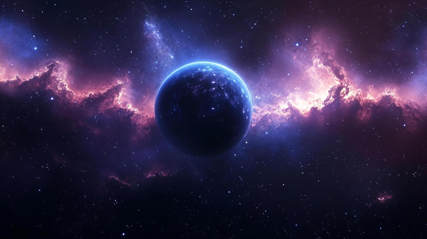 A dark planet glows with a soft blue halo against a backdrop of bright purple and white cosmic clouds and twinkling stars. photo