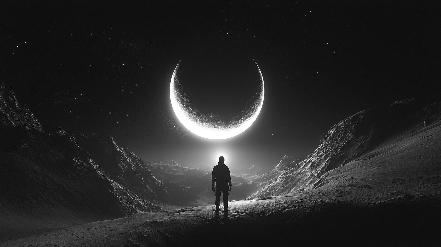 Silhouette stands beneath a glowing crescent moon in a stark, otherworldly landscape under a star-studded sky. Mystery and exploration. photo