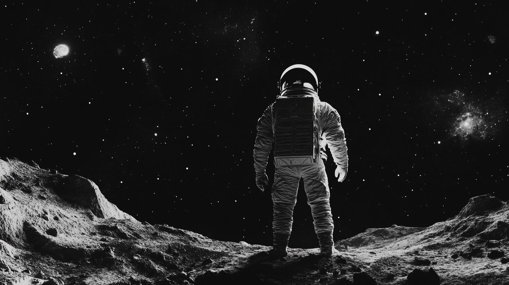 Astronaut stands alone on a distant celestial body, bathed in starlight, contemplating the vastness of space, in a black and white rendering. photo