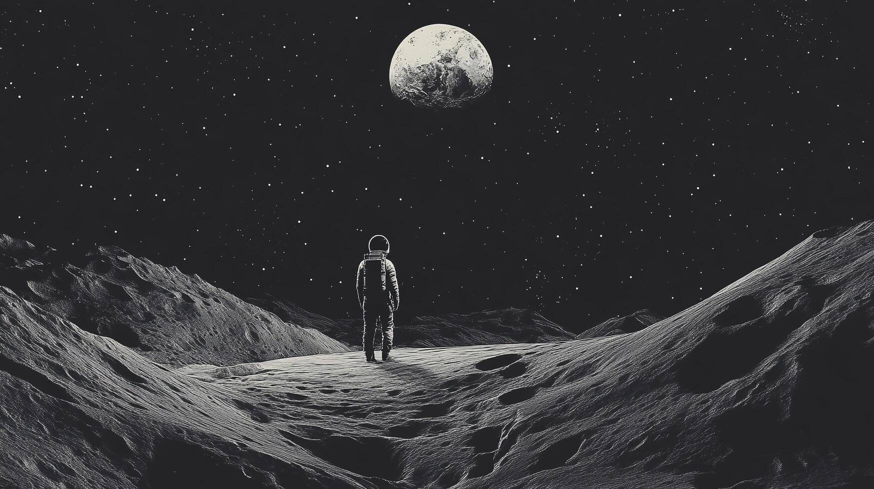 A solitary astronaut stands on a lunar surface under a starry sky, gazing at a large planet in the distance. Exploration and wonder. photo