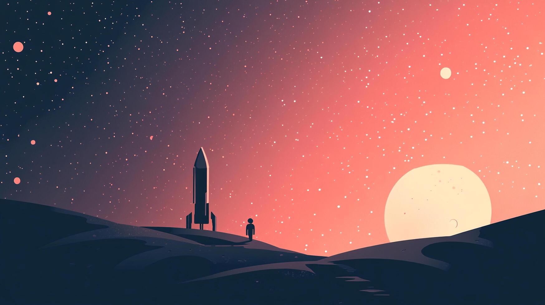 A lone figure stands by a rocket on a celestial landscape, under a starlit sky and glowing planet. Dreams of space exploration. photo