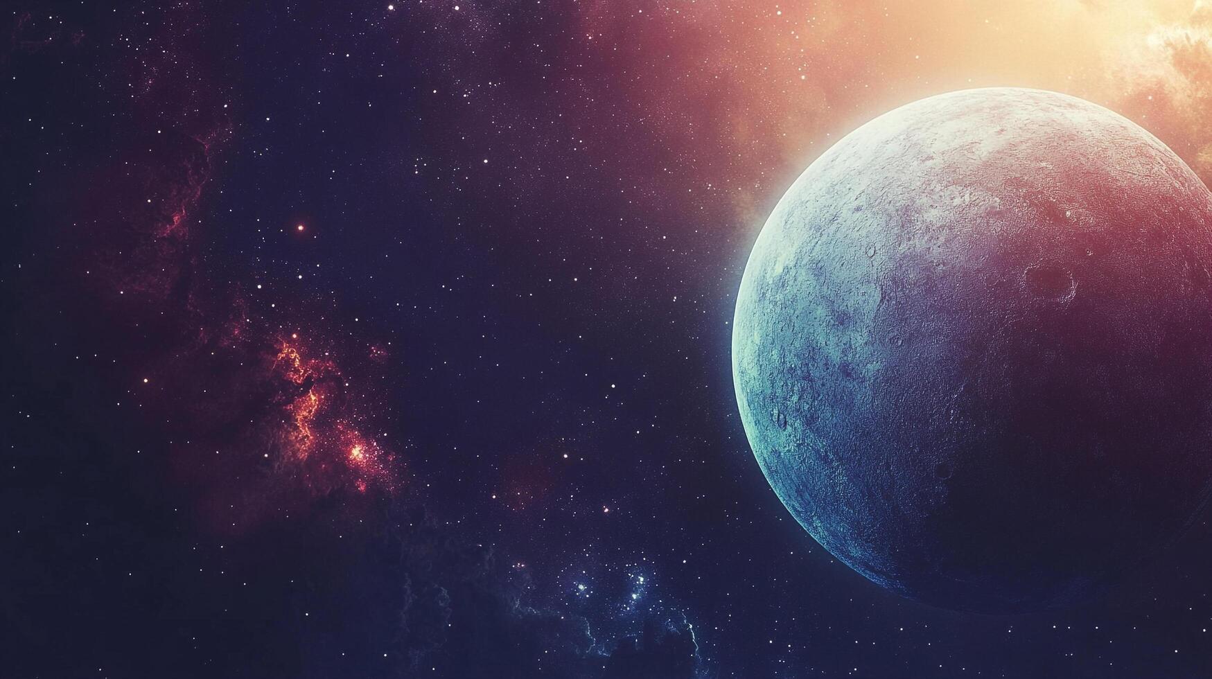 Dramatic space scene featuring a large planet bathed in light, contrasted against a nebula-filled backdrop. Space art, stars, planets photo
