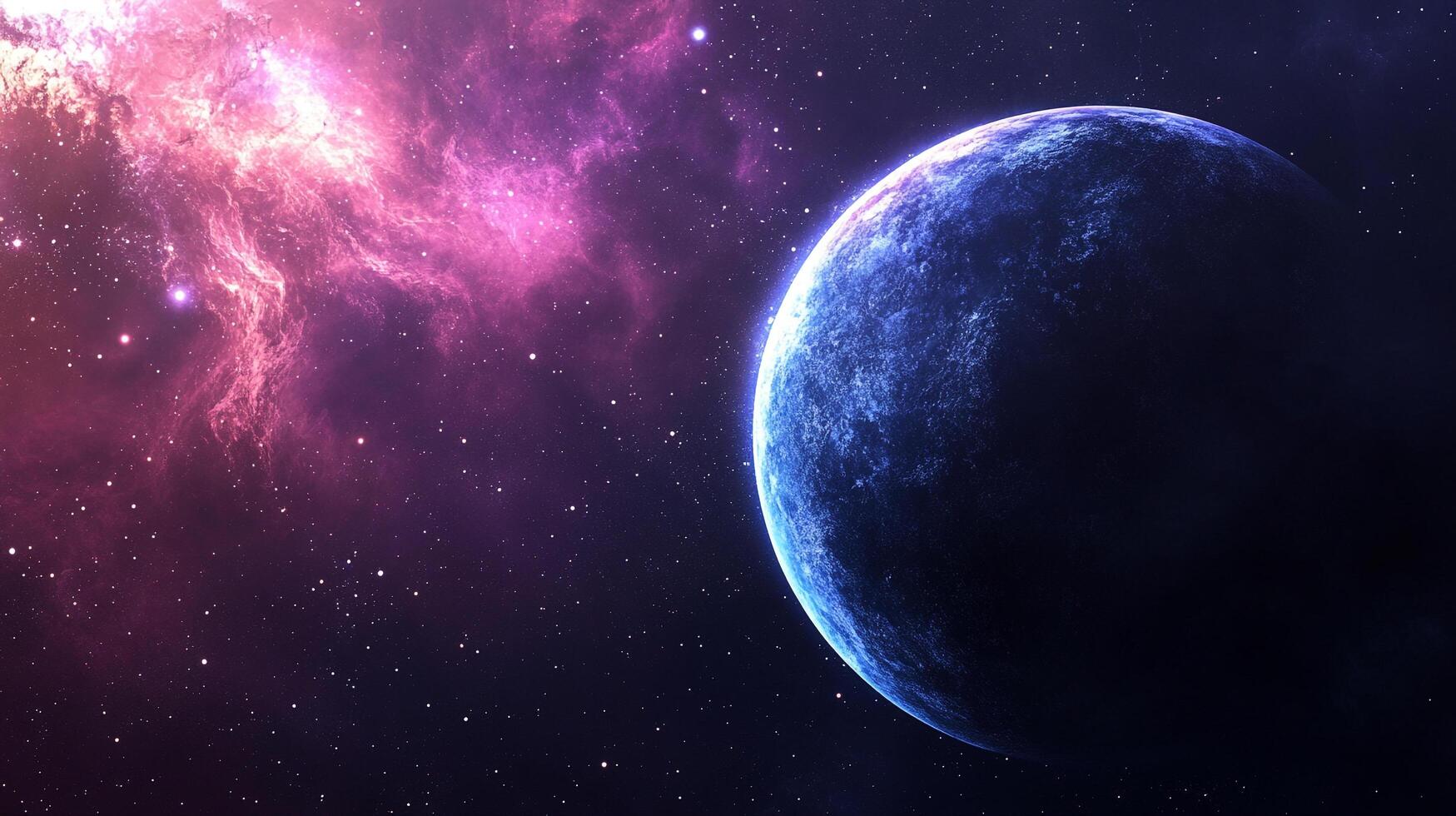 A stunning space scene showcasing a vibrant blue planet surrounded by a pink nebula and twinkling stars, captured in a cosmic ballet. photo