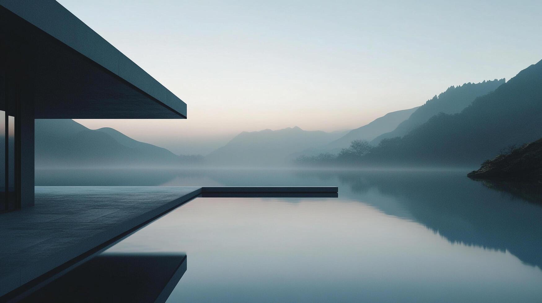 Modern architecture meets serene nature. Tranquil lake house with mountains in the background, creating a peaceful escape. photo