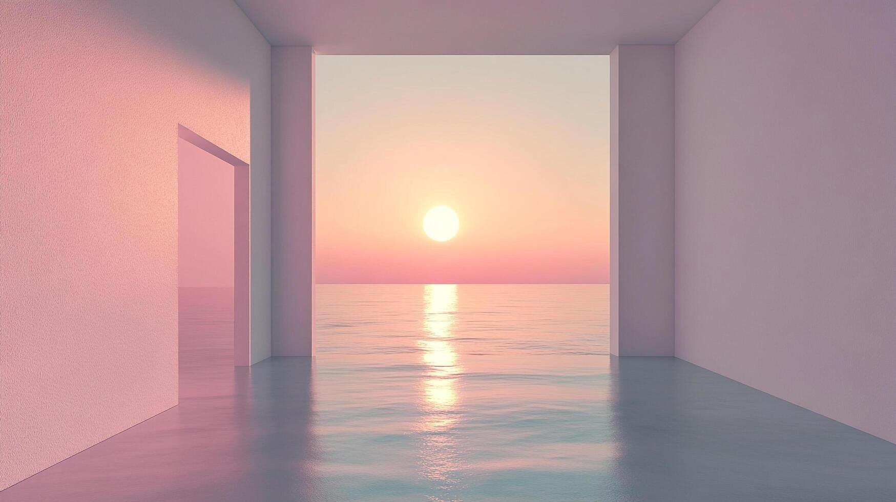 Dreamy sunset over the ocean, viewed from a minimalist, pastel-colored room with clean architectural lines. Serene and calming atmosphere. photo