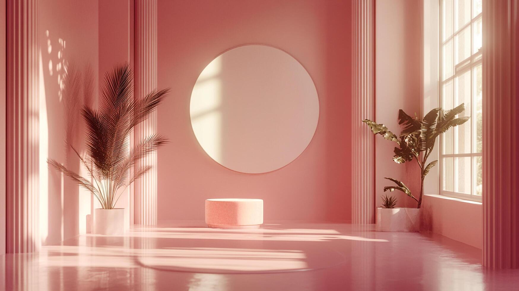 Elegant peach-toned room bathed in soft light, featuring a modern display platform, potted plants, and architectural columns. photo