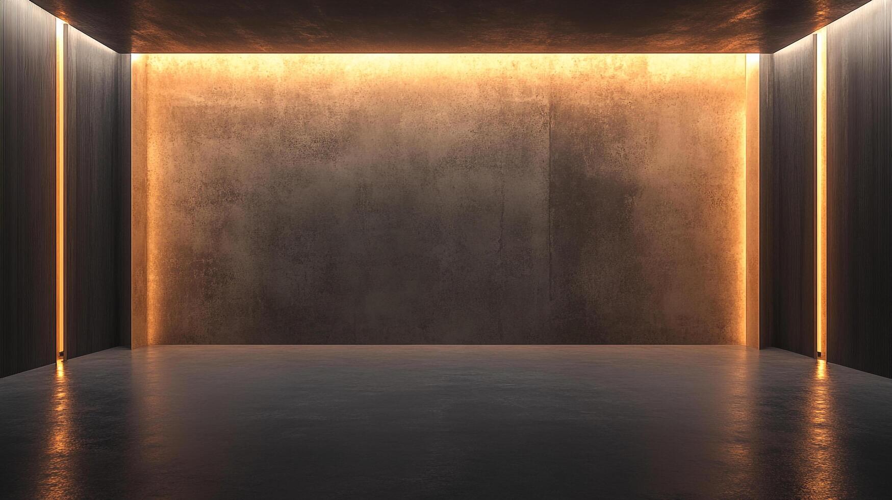 An empty interior room with concrete walls and floor, illuminated by warm glowing lights, creates a modern and minimalist space. photo