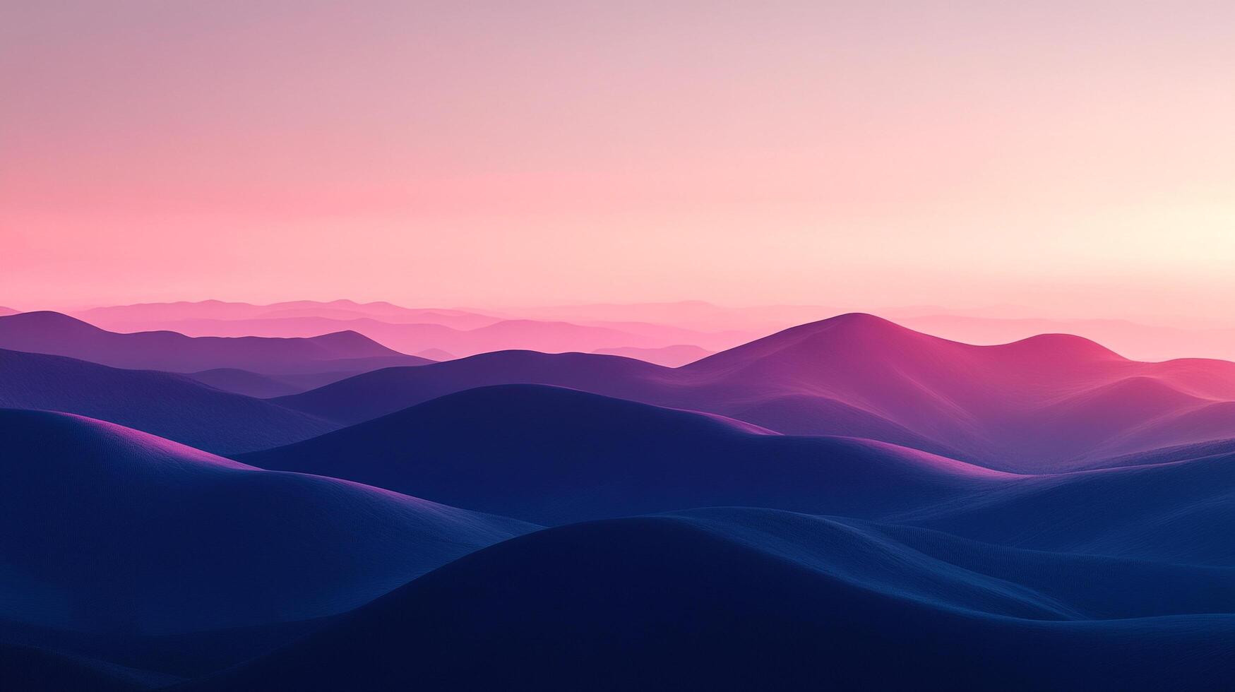 Serene view of undulating mountains at dusk, vibrant gradient of pink and blue hues. The landscape is calm and peaceful. photo