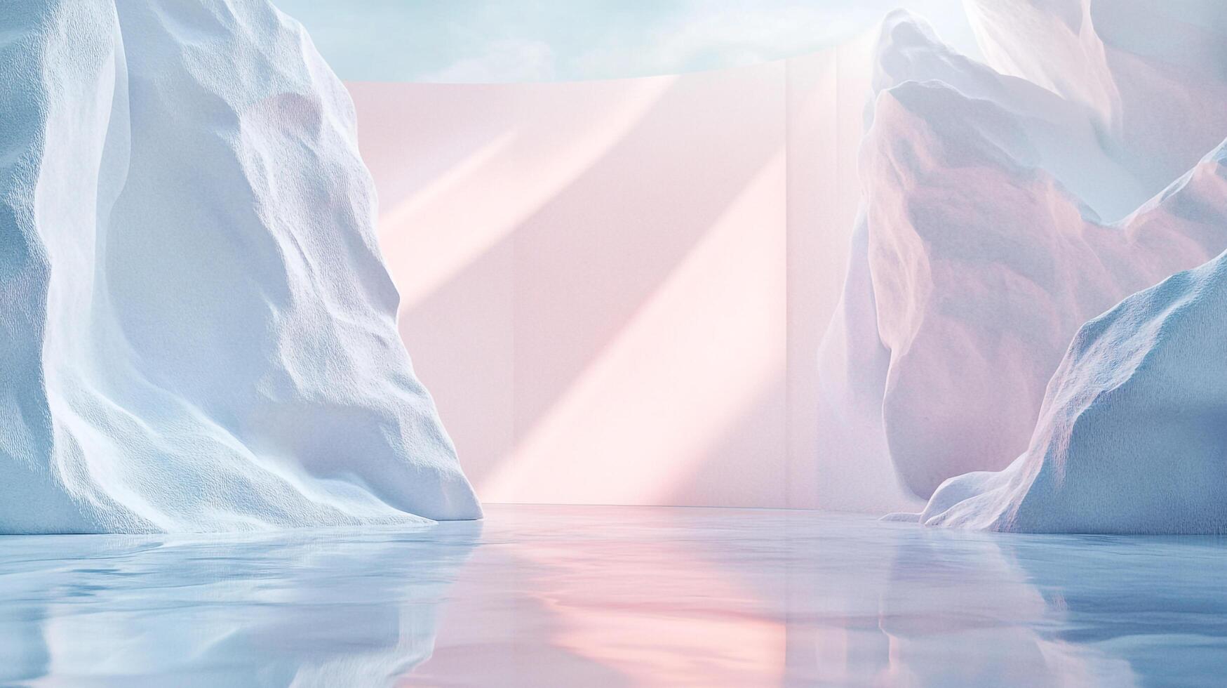 Abstract arctic scene with ethereal lighting. The scene is otherworldly, blending ice forms with soft, dreamlike pink hues and reflections. photo