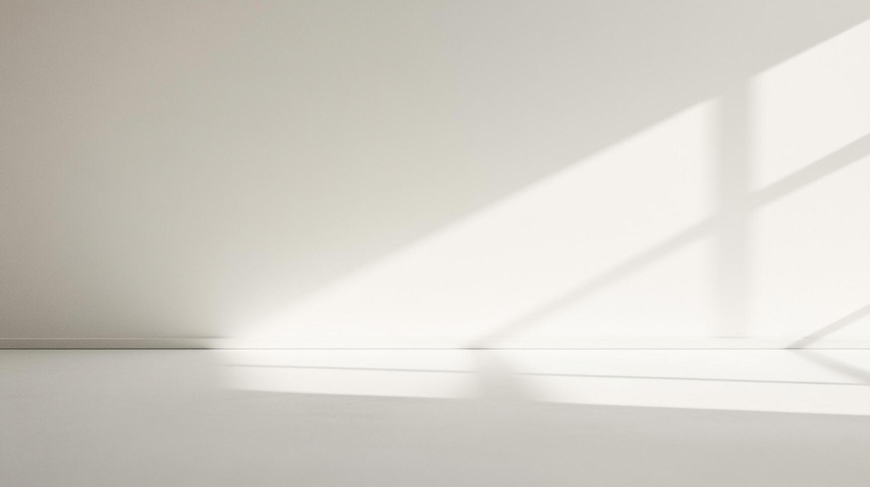 Minimalist white room with sunlight creating dynamic shadows, promoting serenity and simplicity, emphasizing architectural details. photo
