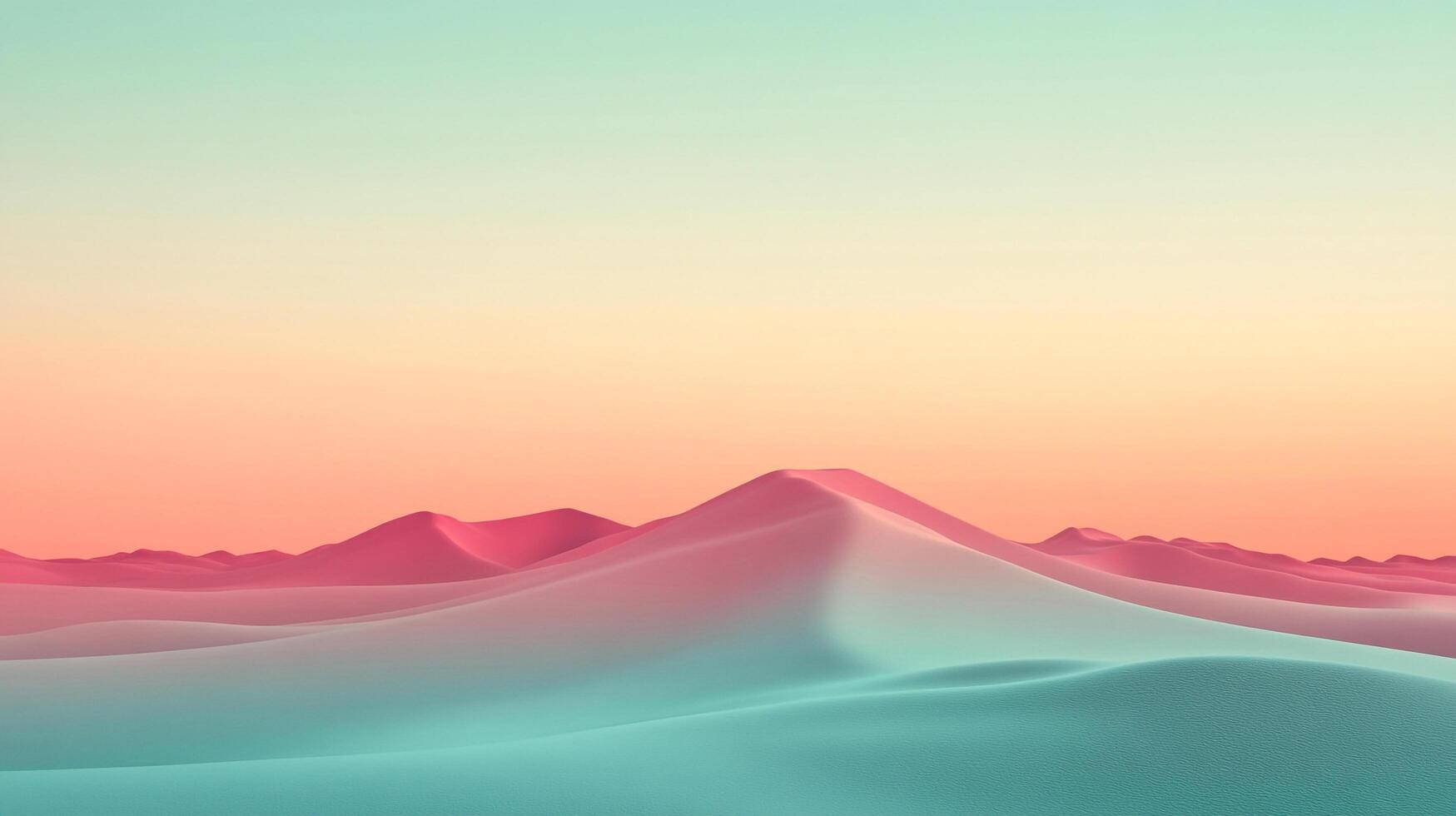 Pastel desert landscape with teal dunes transitioning to pink hills under a soft gradient sky of orange and aqua, serene and minimalist. photo