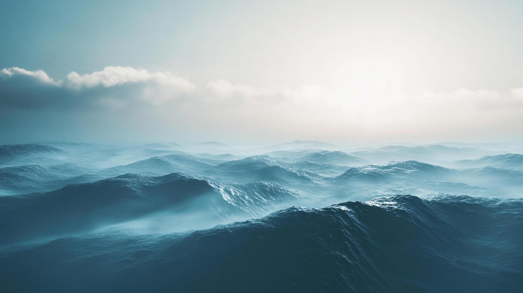 Endless azure waves gently roll under a serene sky, showcasing nature's tranquil power and beauty. The distant horizon evokes calm and hope. photo