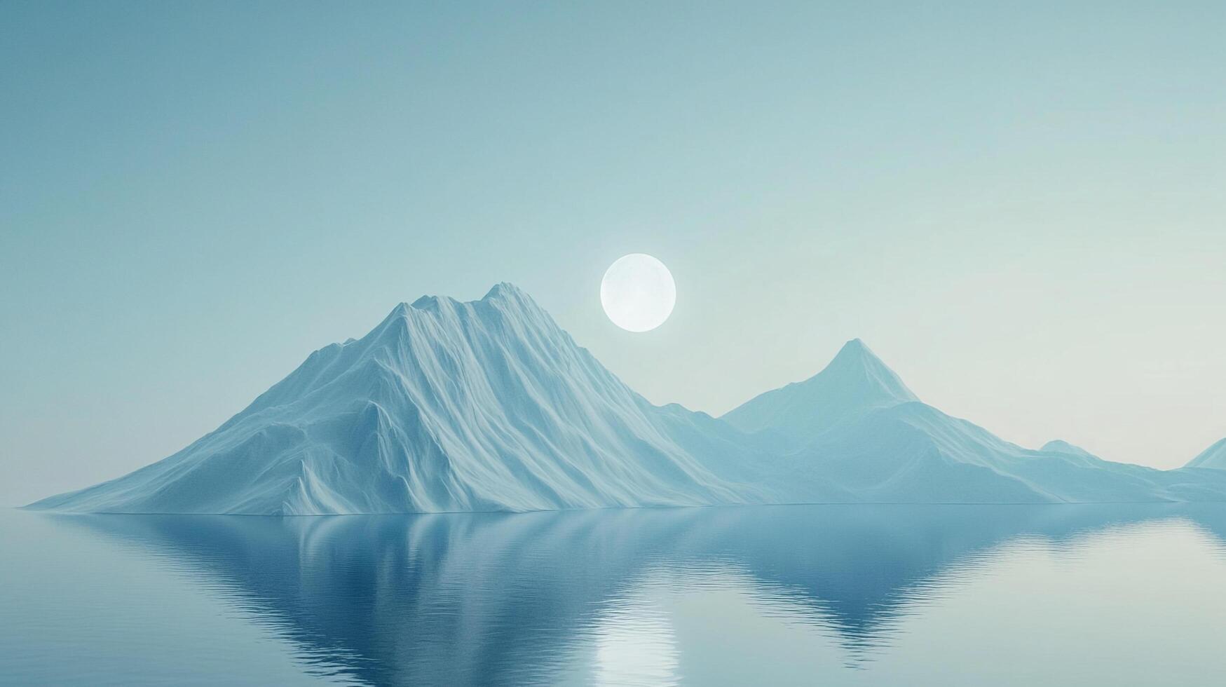 Snowy mountains rise from calm water under a bright, hazy sky. Reflections shimmer on the water's surface, mirroring the peaks. photo