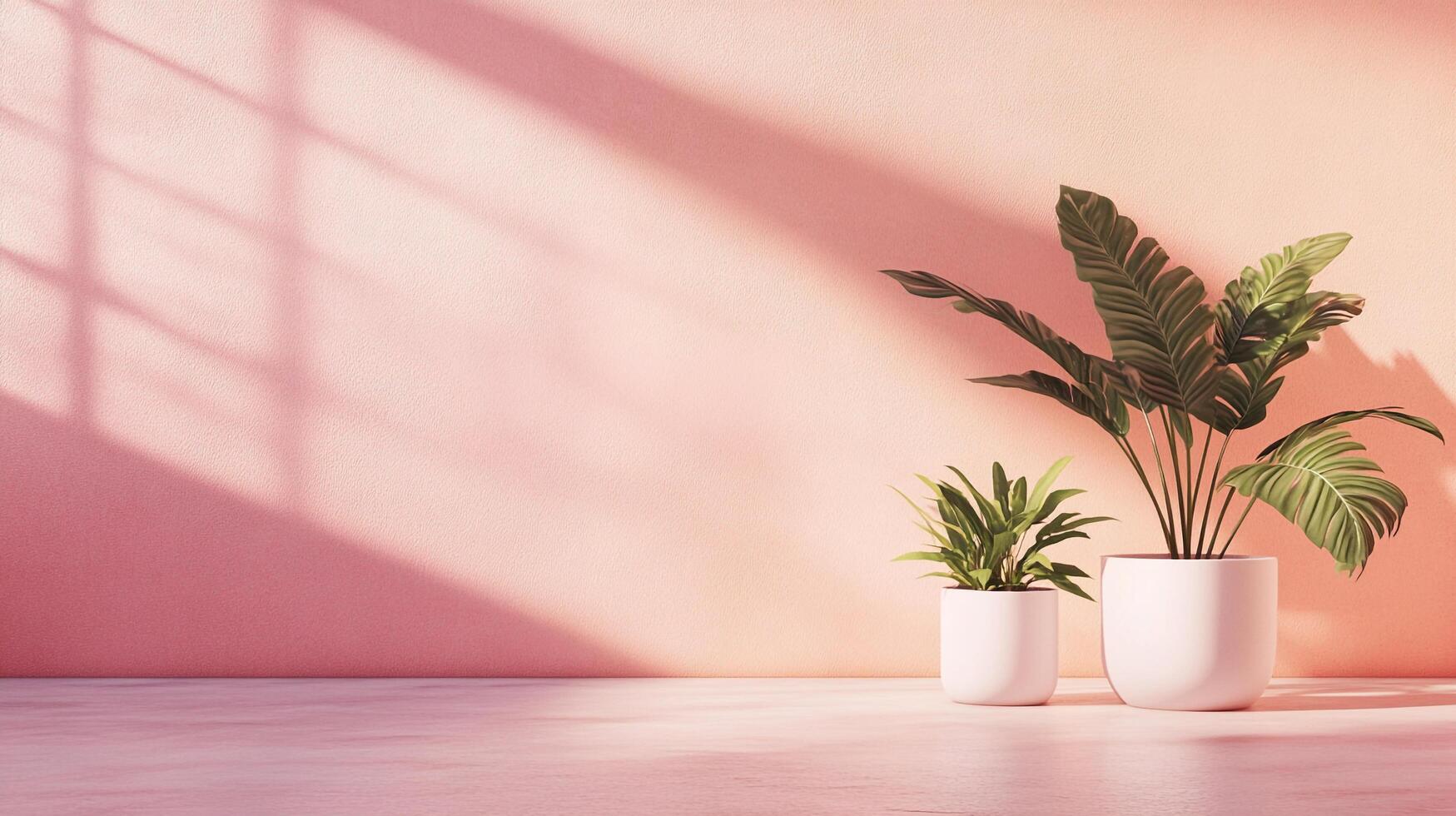 Interior featuring two potted plants on a pink backdrop. A light cast from a window adds depth and warmth to this scene. photo