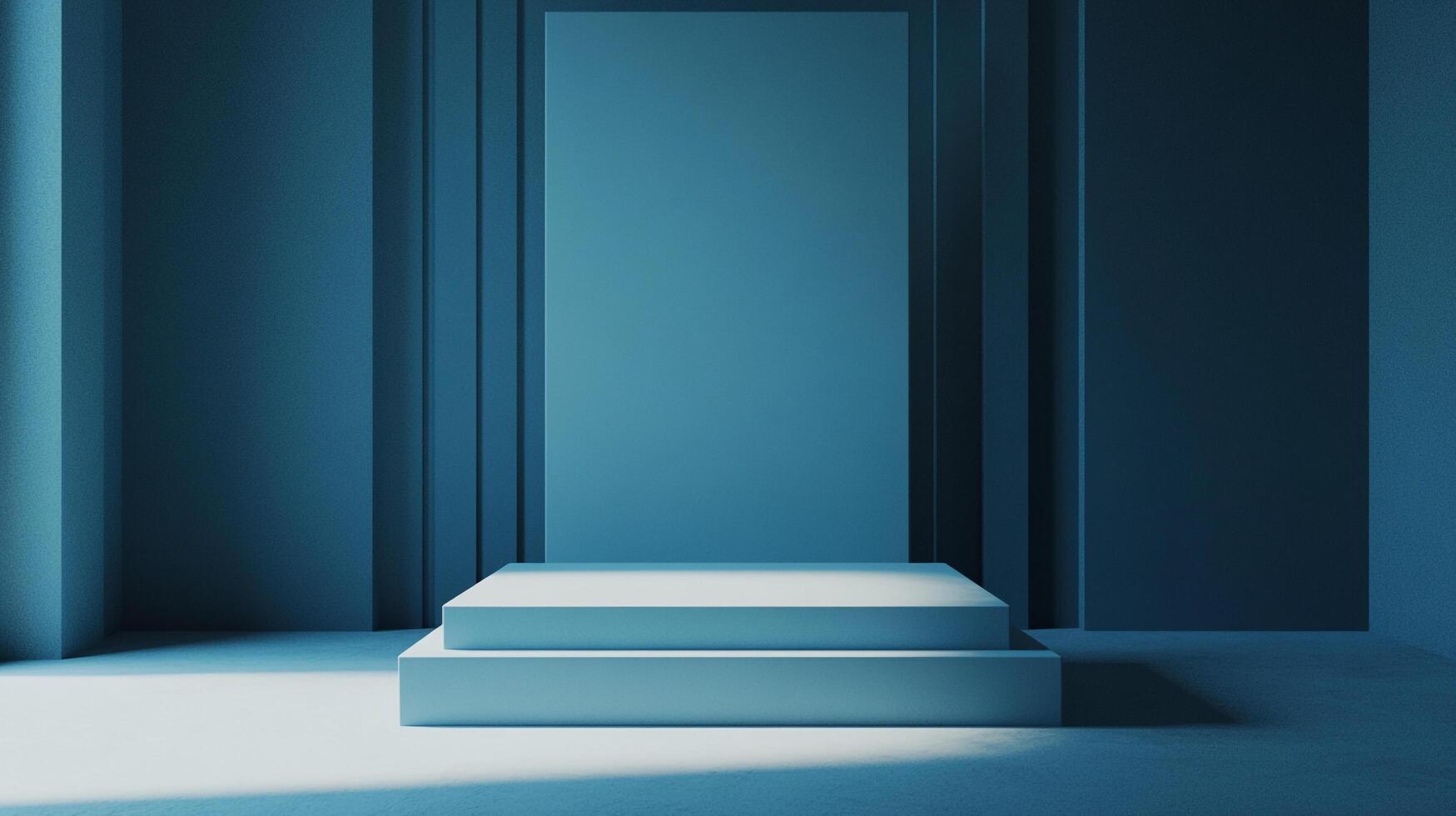 Minimalist presentation platform in a monochromatic blue setting, ideal for highlighting a specific item or concept in a simple design. photo