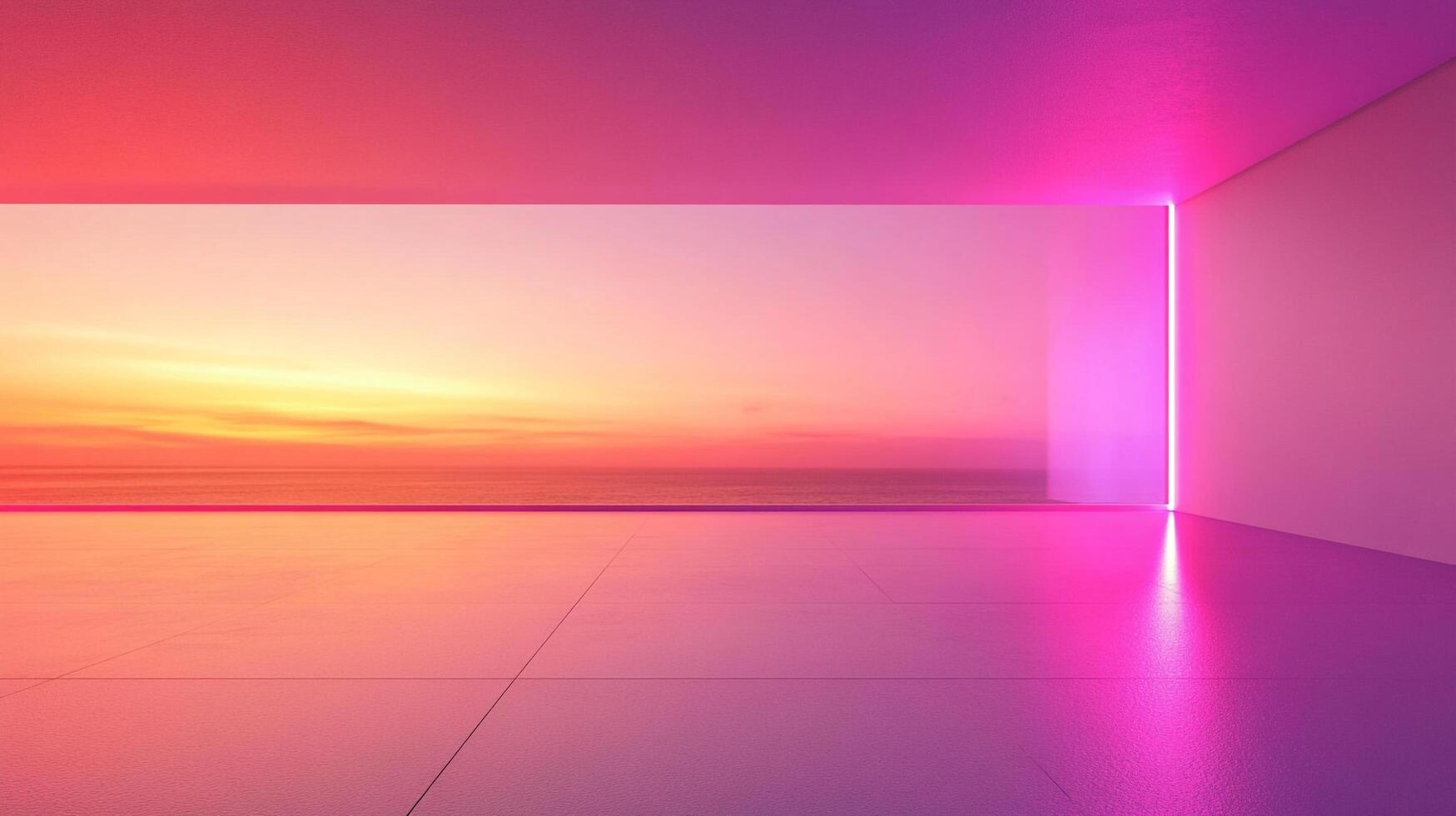 Vivid sunset view through an opening in a modern, minimalistic room bathed in vibrant pink and orange light. Tranquil and serene atmosphere. photo