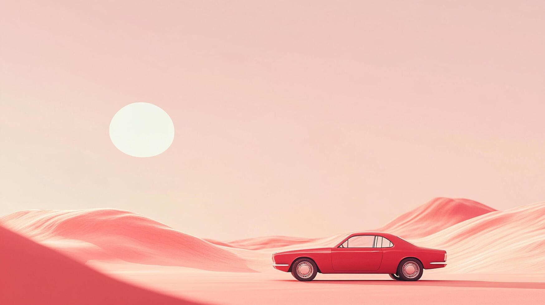 Crimson vehicle resting peacefully in a desolate, pink landscape, under a pale sun. The landscape is barren, minimalist and dreamlike. photo