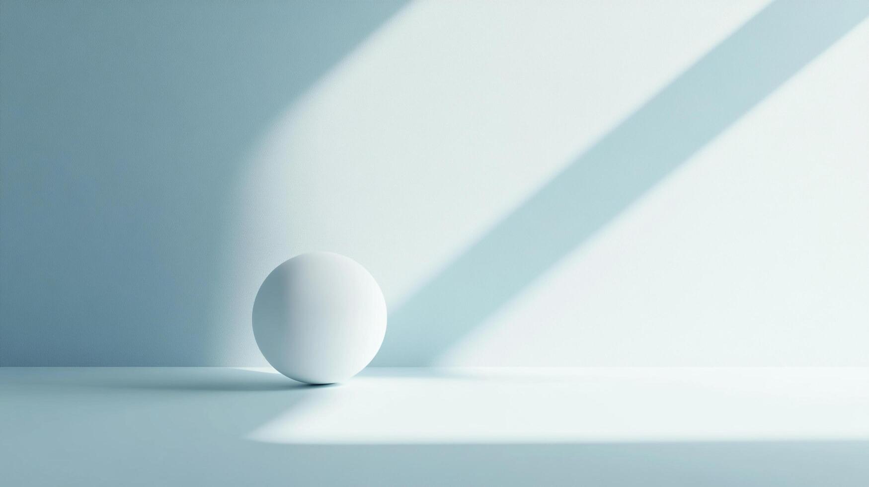 A single, matte white sphere rests on a plain, pale blue surface, bathed in soft, angled light creating a minimalist and calming atmosphere. photo