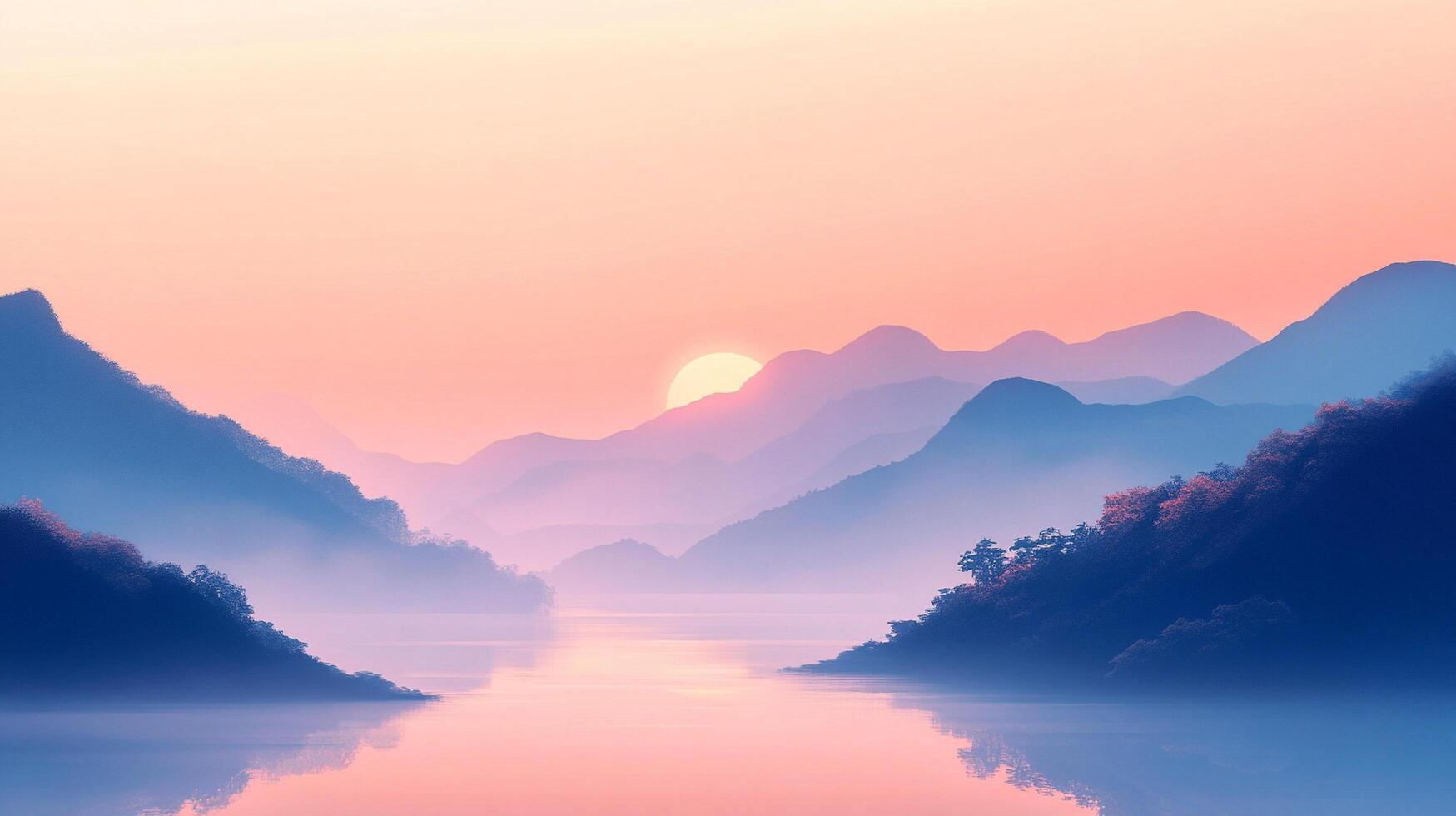 A serene sunrise bathes a tranquil lake, with misty mountains in the distance. The gentle light creates a peaceful, ethereal atmosphere. photo