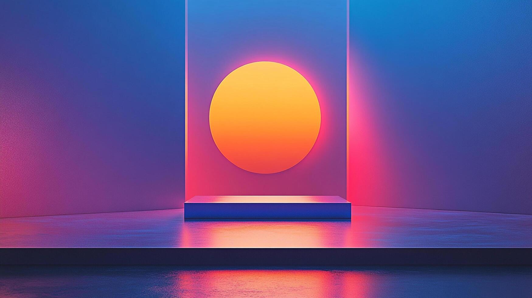 Abstract stage illuminated with neon lighting featuring a gradient circle against a geometric backdrop, creating a vibrant and modern scene. photo