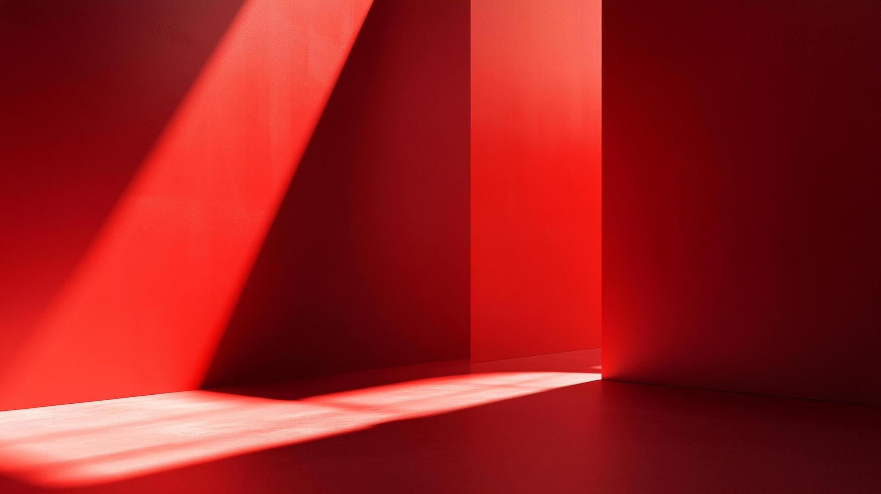 A modern minimalist space bathed in a single ray of light, the angular architecture emphasized by a unified shade of vibrant red. photo