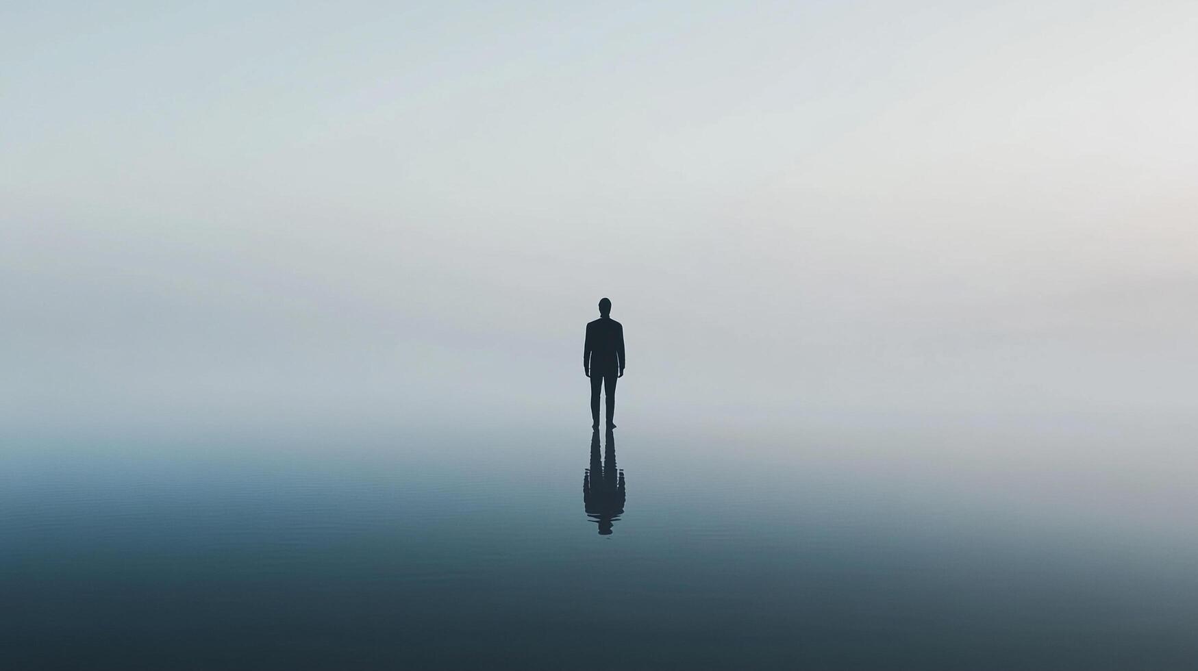 A lone figure stands at the edge of the world, a silent silhouette against a misty horizon, mirrored in the tranquil expanse. photo