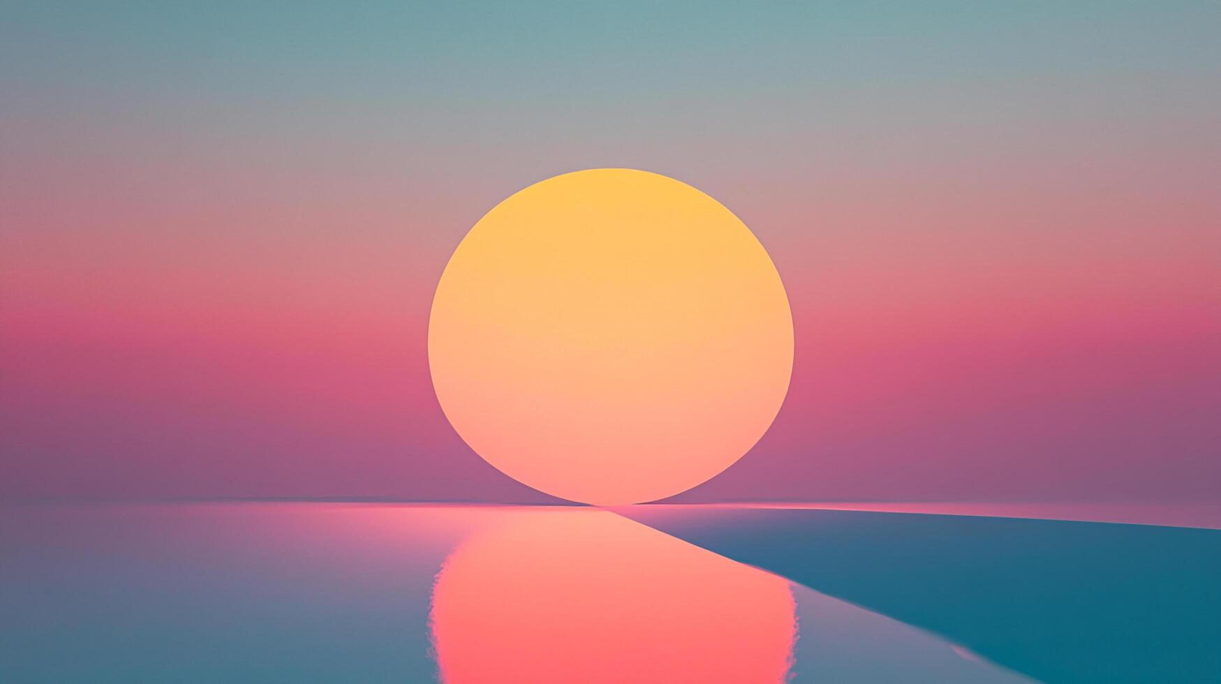 Abstract image of a glowing sphere touching a reflective surface against a gradient backdrop of pink, orange, and blue hues. photo