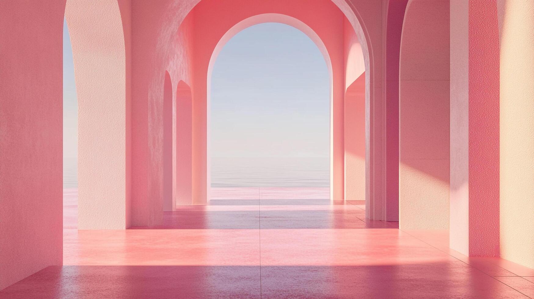 Aesthetic architectural corridor with archways tinted in pastel pink. A serene and minimalist view overlooking the distant sea. photo