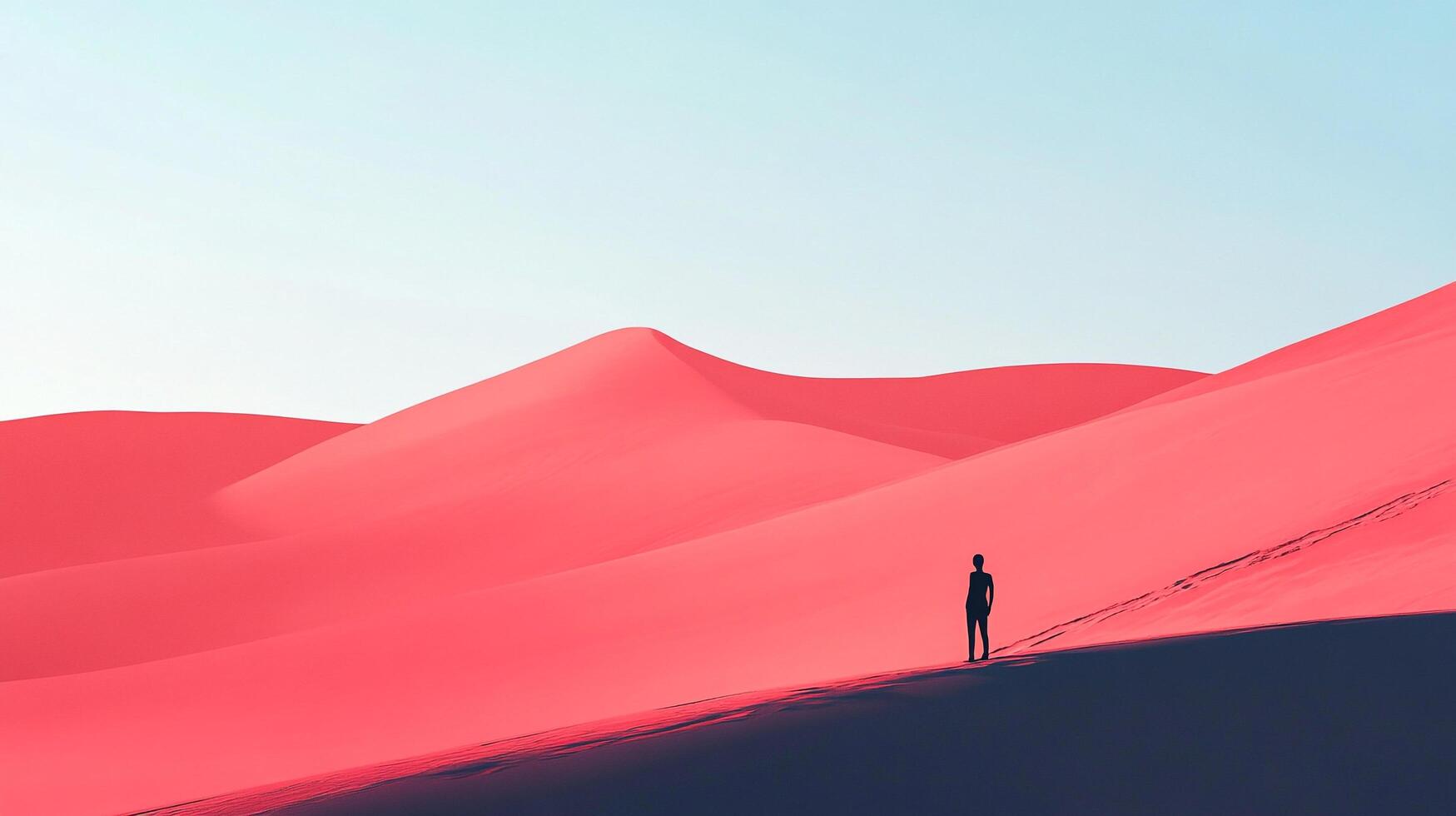 A solitary figure stands silhouetted against a stark desert landscape, bathed in the glow of the setting sun, creating a surreal atmosphere. photo