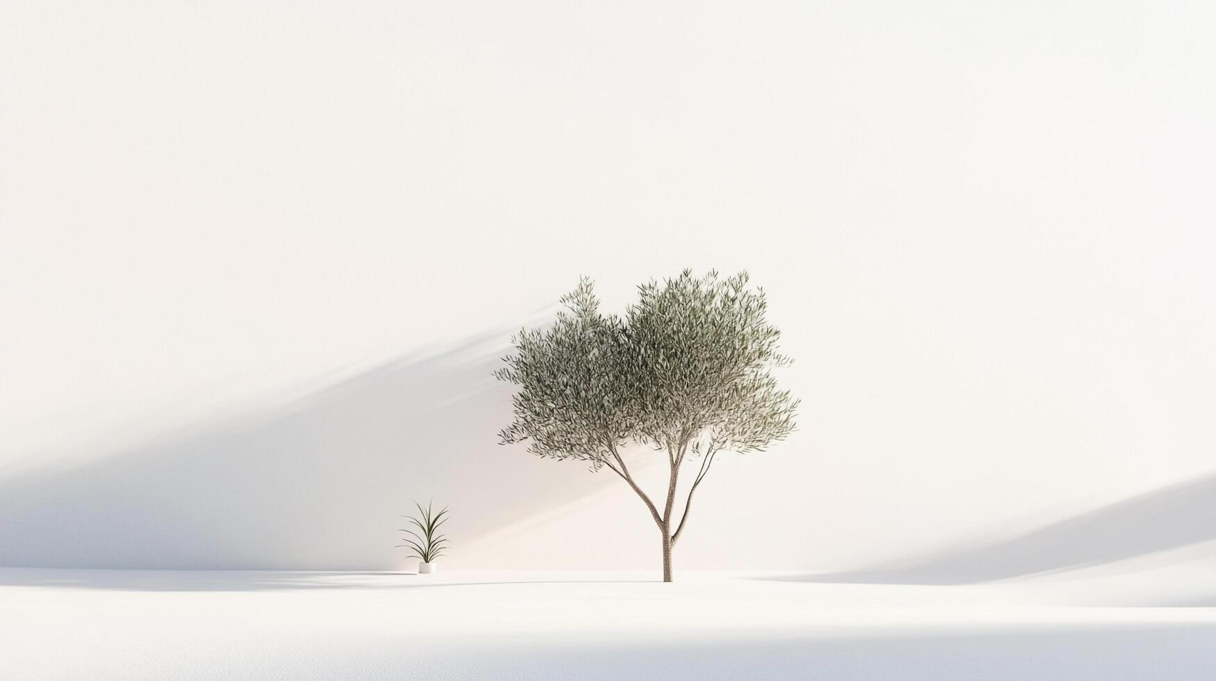 Minimalist scene featuring a tree casting shadows on a white background alongside a small potted plant. Clean, calming and inviting. A touch of nature. photo