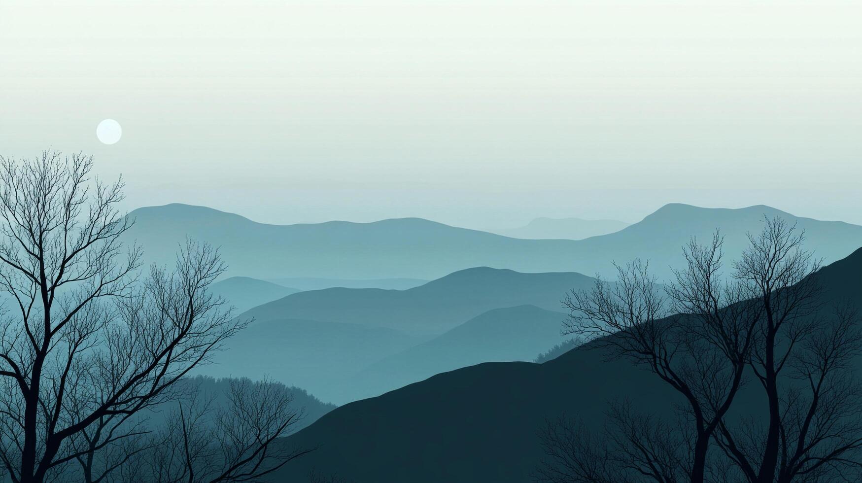 Serene mountain landscape with silhouettes of bare trees against a misty blue backdrop, evoking a sense of tranquility and natural beauty. photo