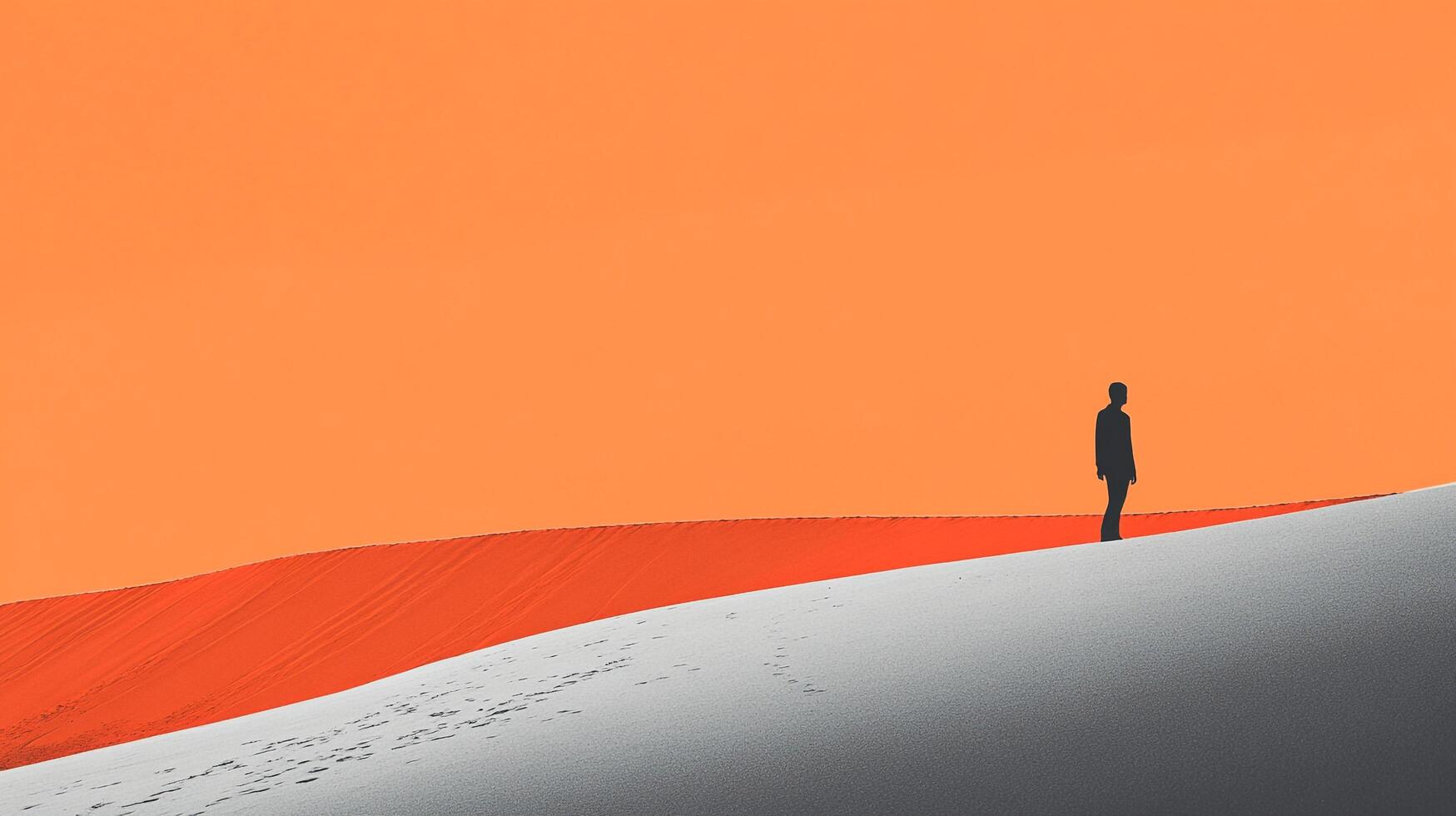 Solitude in the desert. A lone silhouette stands atop a sand dune under an orange sky, embodying serenity and minimalism. photo