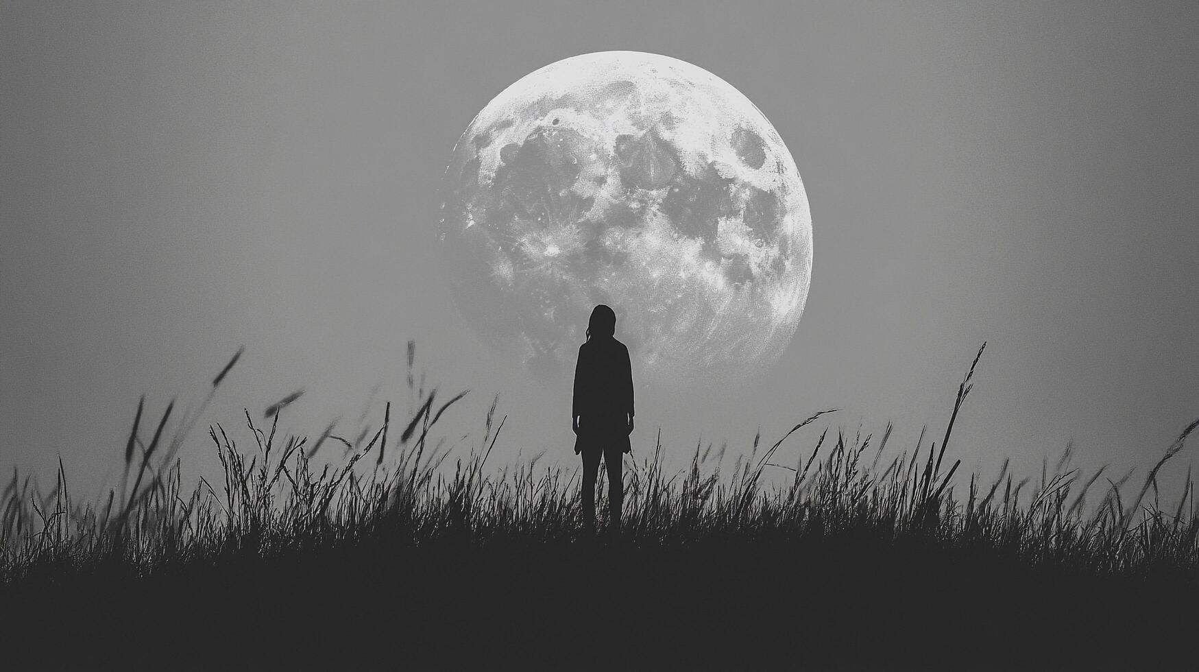 Mystical night scene with silhouette of a person standing on a hill with tall grass under a large, bright full moon in a grayscale. photo