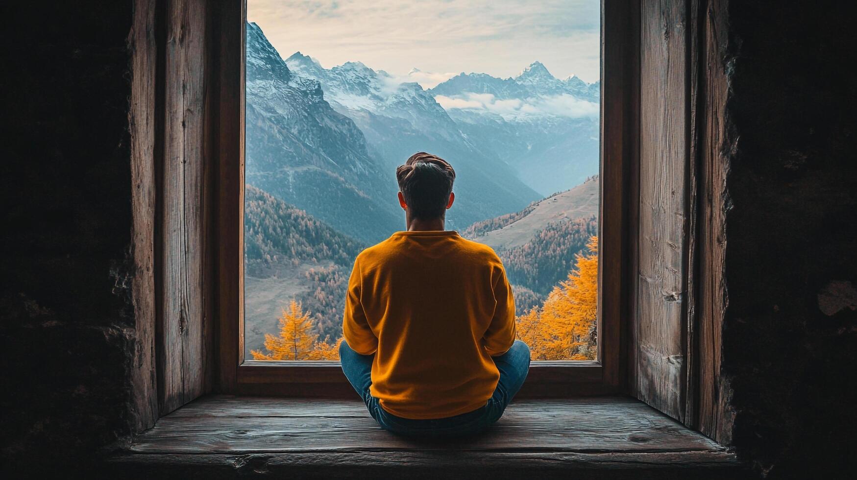 Contemplative figure overlooking mountainous vista from window seat, enveloped by scenic autumnal panorama. A moment of tranquil connection. photo