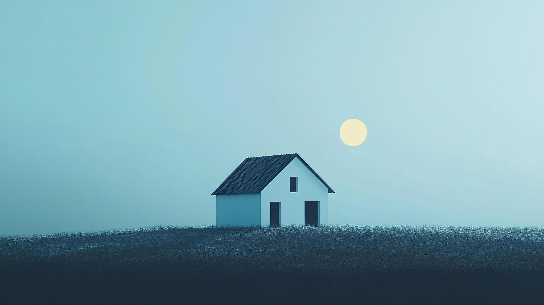 Minimalist house on grassy hill with soft blue sky, evoking tranquility and simplicity. The scene bathed in soft light with a glowing sun. photo