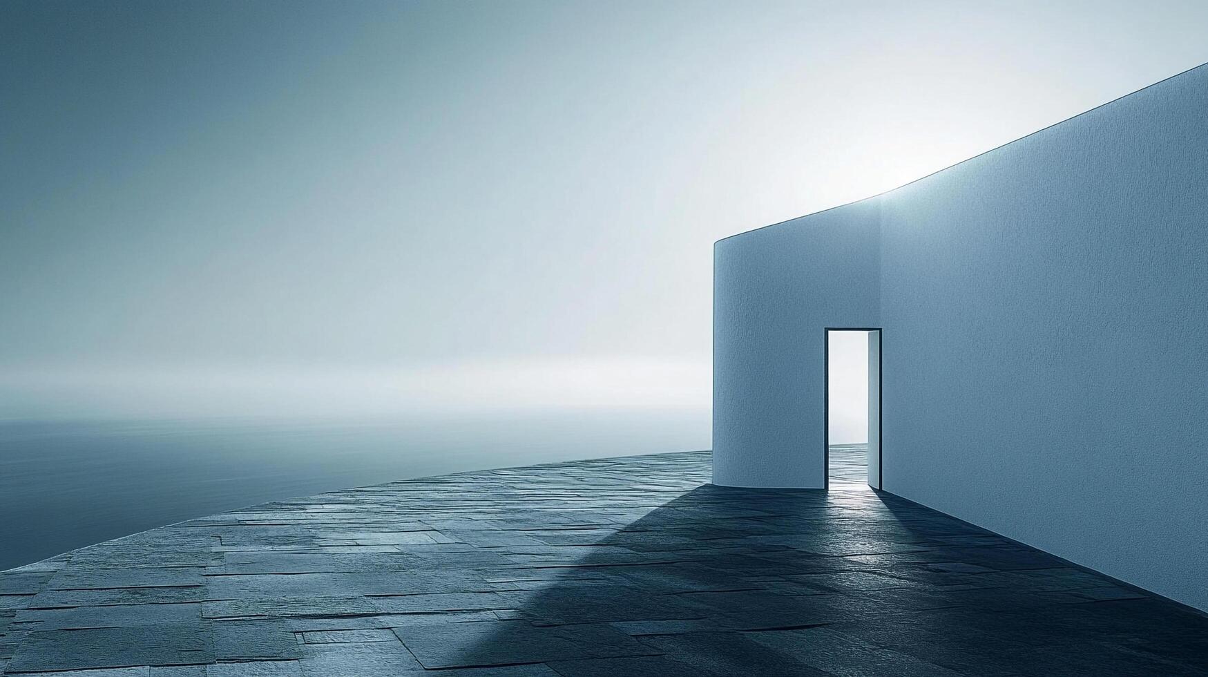 Architectural minimalism featuring a doorway and a wall against the sea, bathed in soft light, creating a serene atmosphere and a sense of escape. photo