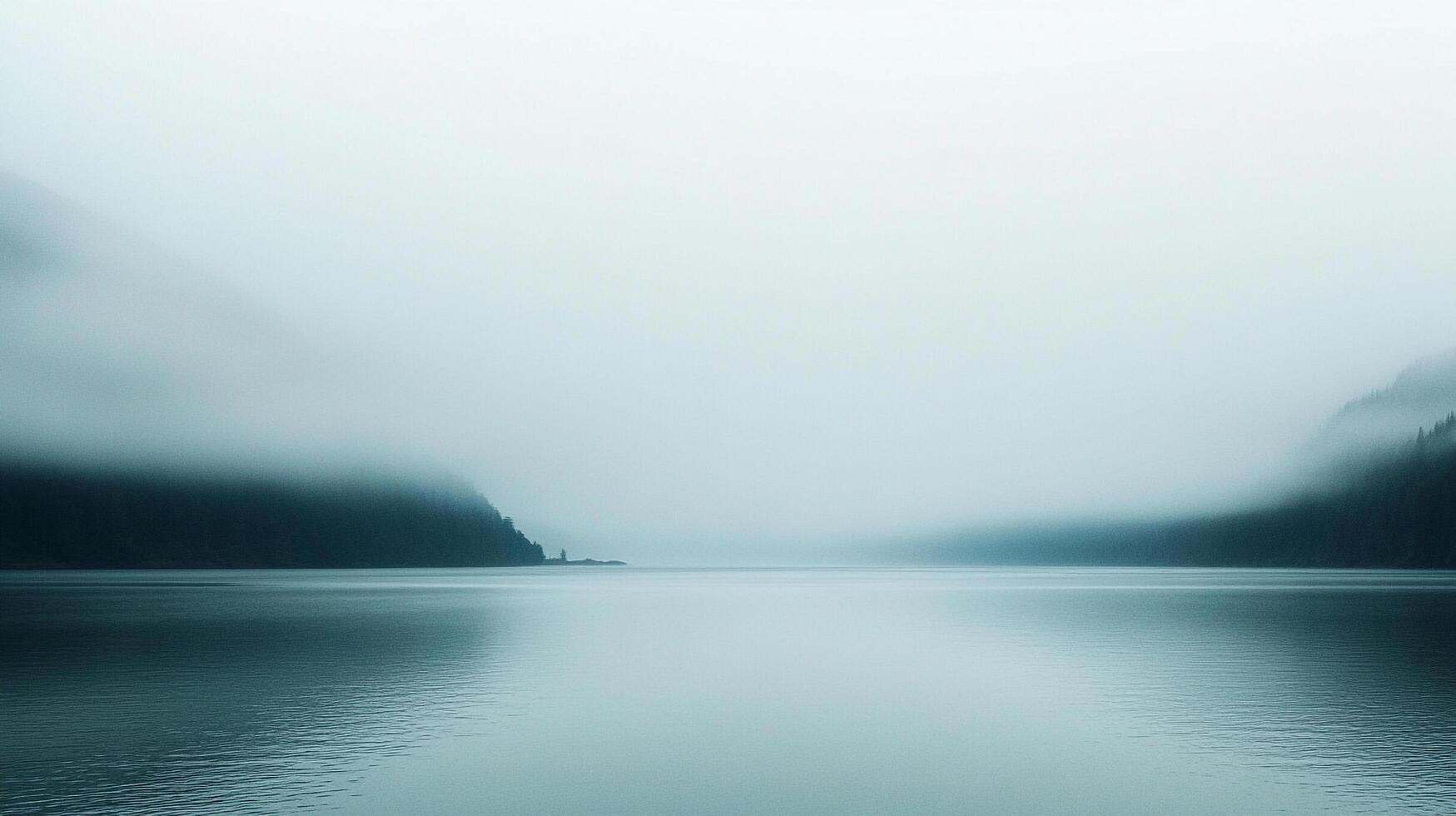 Misty lake surrounded by fog-shrouded mountains, evoking a sense of tranquility and mystery with its serene, muted palette. photo