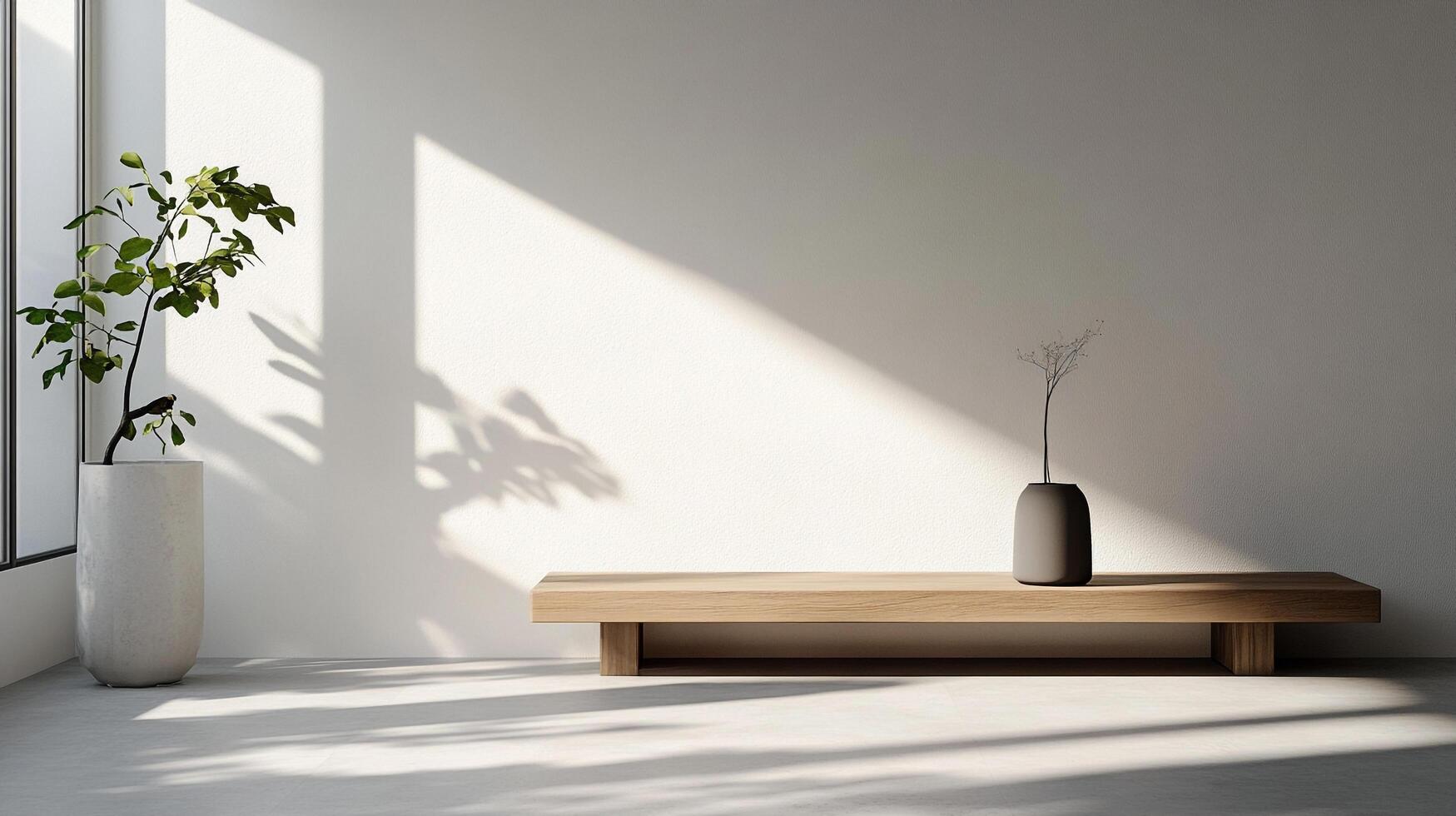 Minimalist room with sunlight, featuring a potted plant near a window, bench with vase, all set against a clean white wall backdrop. photo