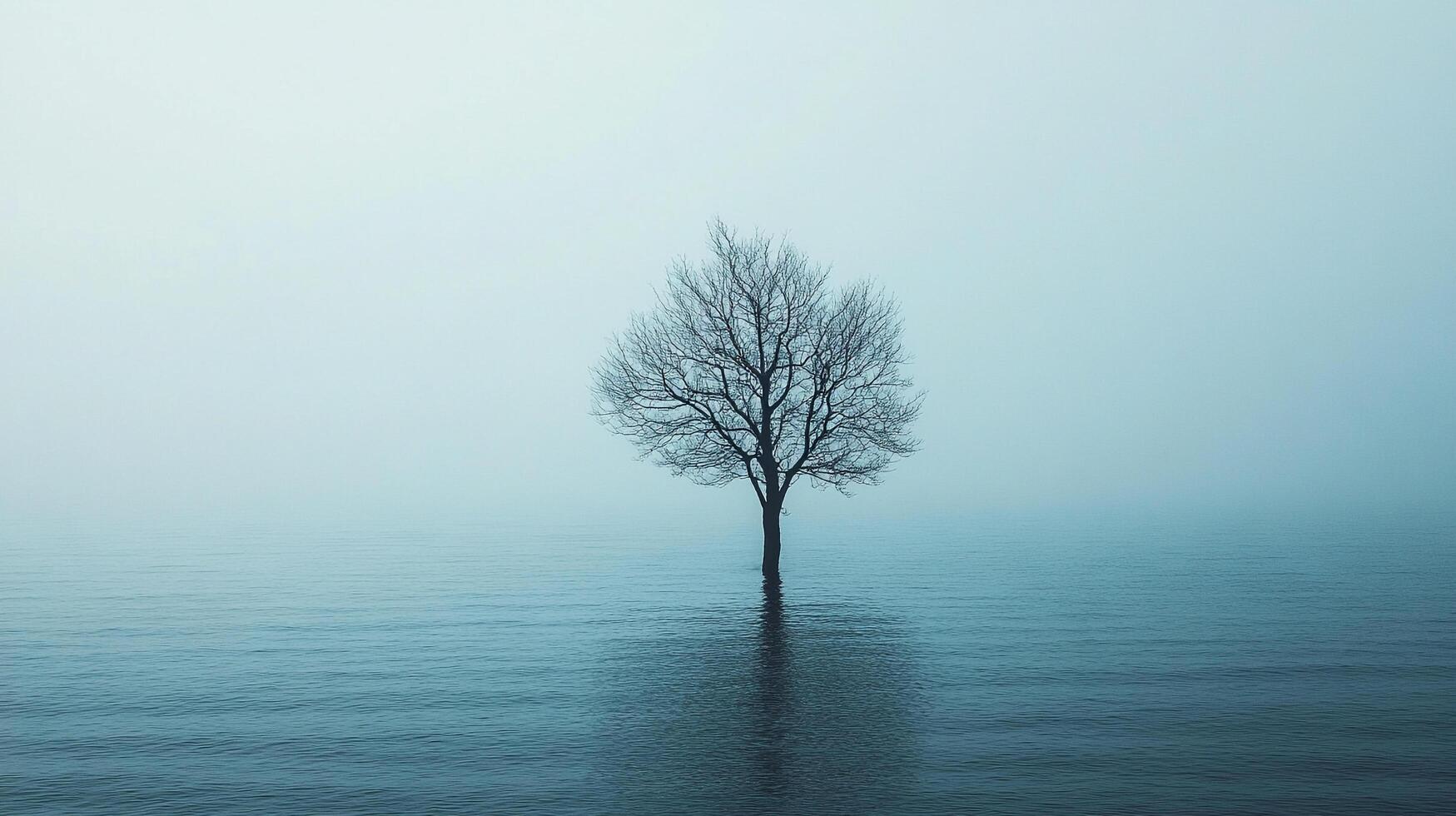 Solitary tree in misty waters, standing strong against the elements. A symbol of resilience and hope in the face of adversity. photo