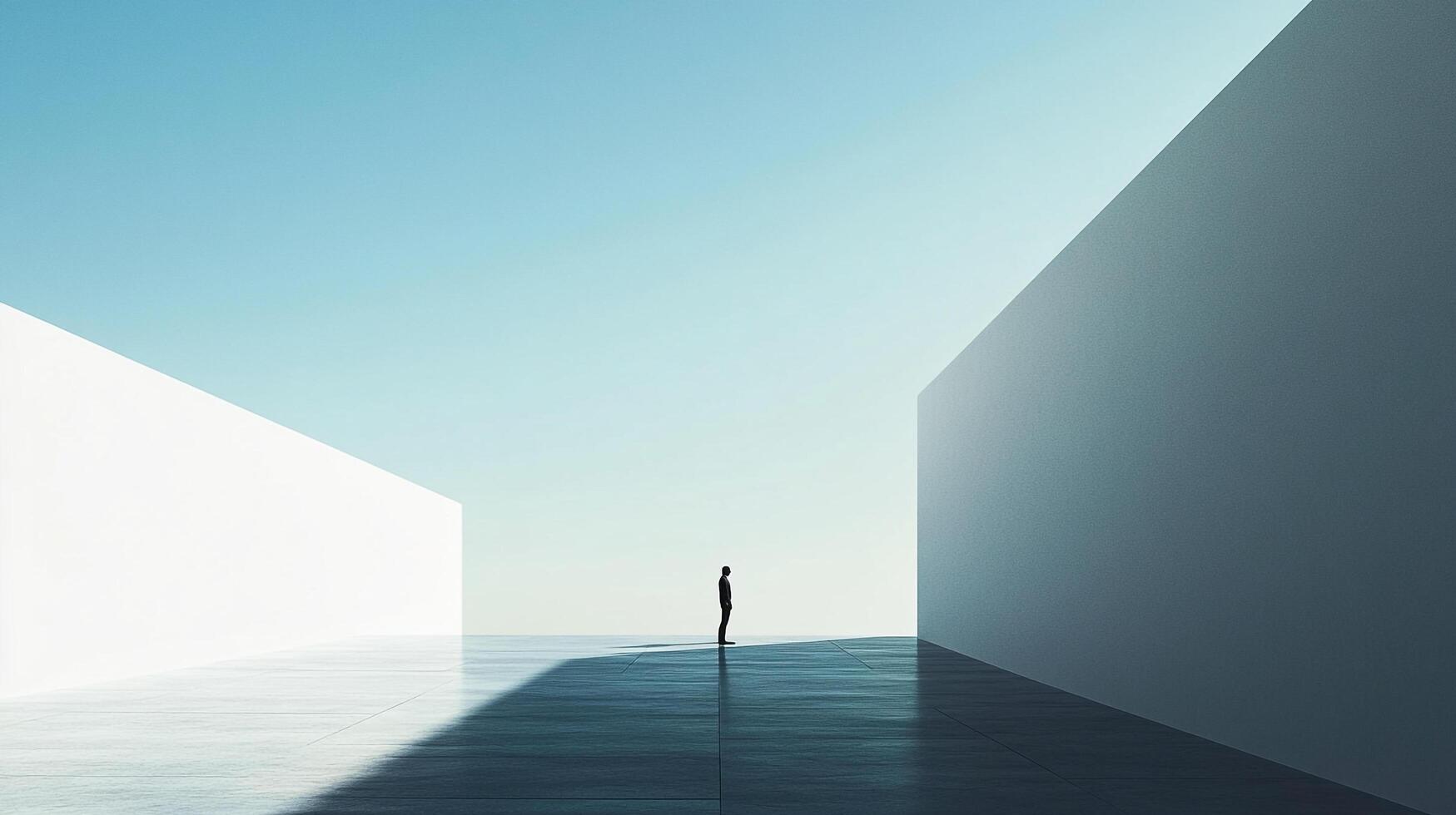 Minimalist composition featuring a lone figure standing amidst vast, abstract architectural forms under a bright, cloudless sky. photo