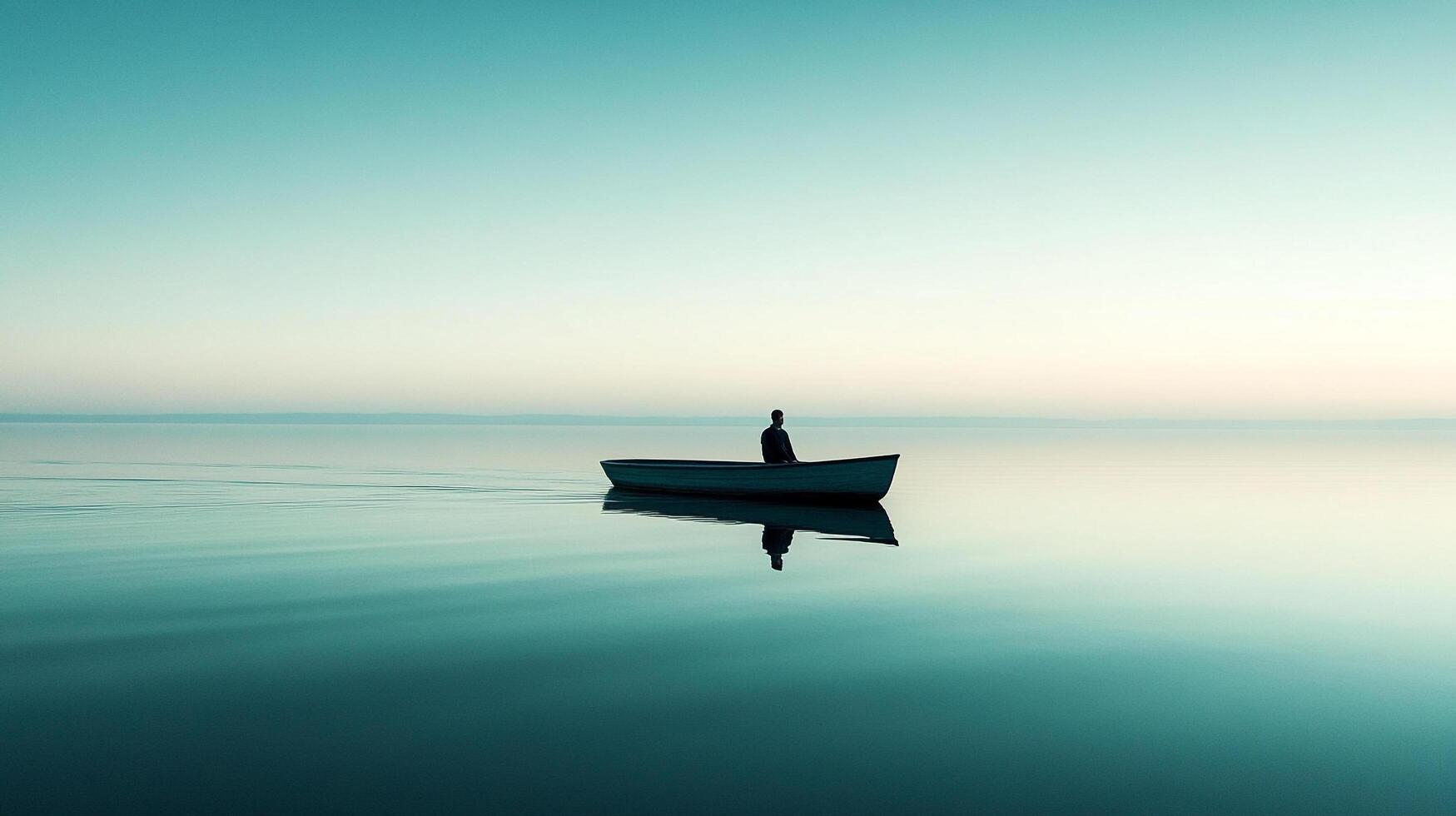 A solitary figure drifts on a boat across a serene body of water, bathed in the soft light of dusk or dawn. Minimalistic and calming. photo