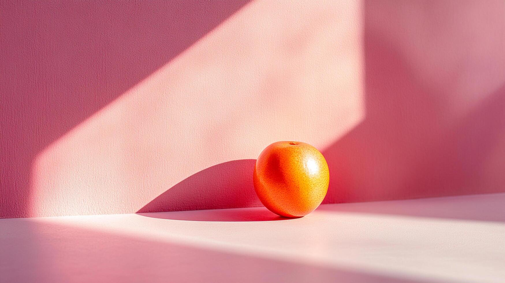 A vibrant tangerine is placed against a pink backdrop, bathed in the soft play of light and shadows, creating a minimalist still life. photo