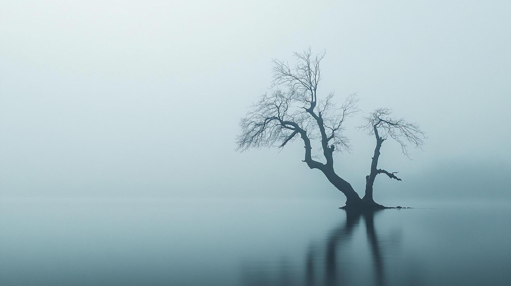 Solitary tree standing still on a misty body of water, its reflection visible. Quiet solitude and nature's harmony in foggy weather. photo