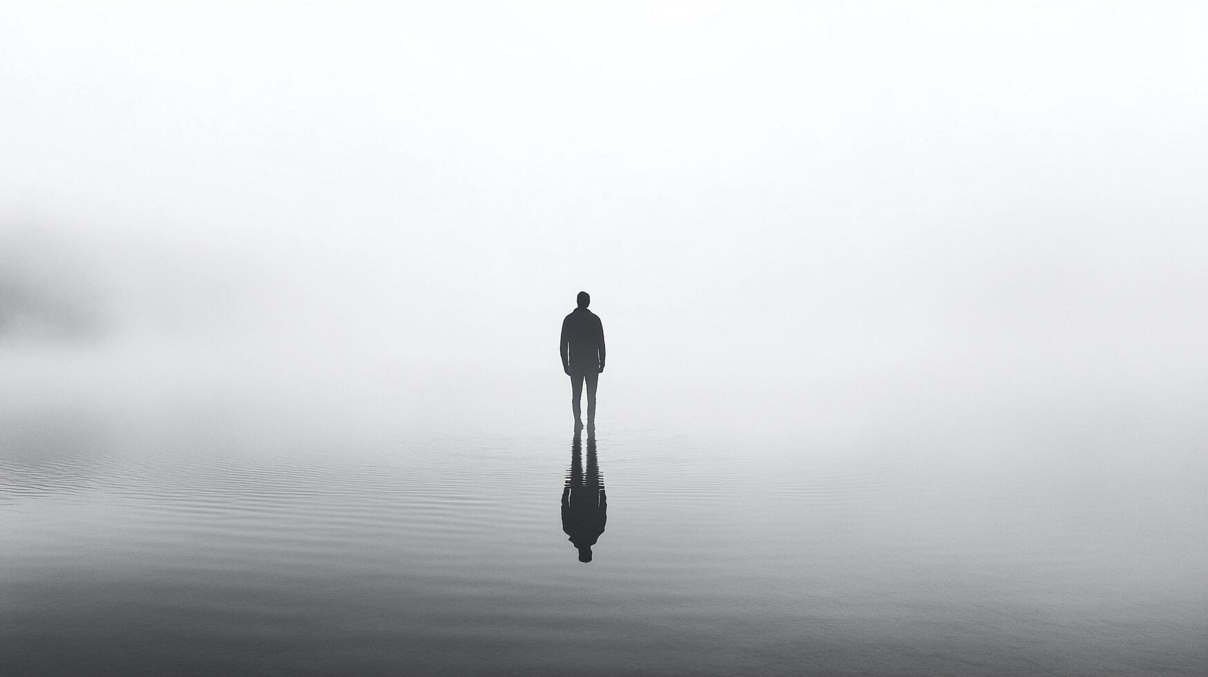 A lone figure stands at the water's edge, their reflection mirrored in the still surface, creating a contemplative and serene atmosphere. photo