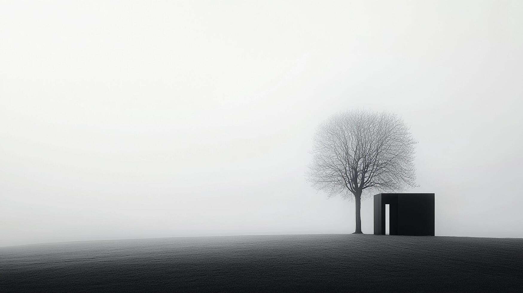A minimalist landscape with a solitary tree and a dark cuboid structure, enveloped in thick fog, creates a serene yet mysterious atmosphere. photo