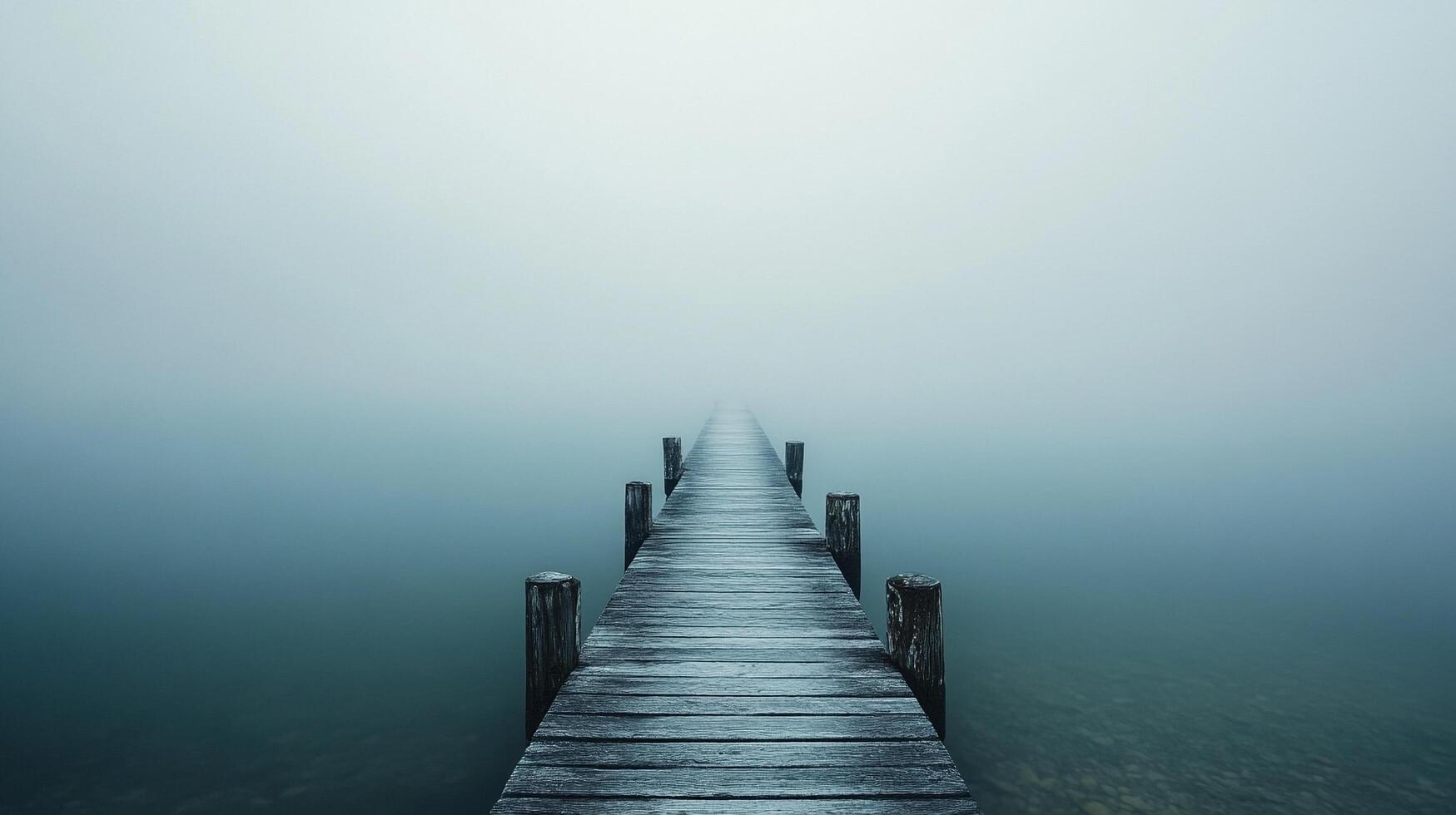 A weathered wooden pier stretches into a dense fog, blurring the boundary between water and sky. Serene solitude and a path unknown. photo